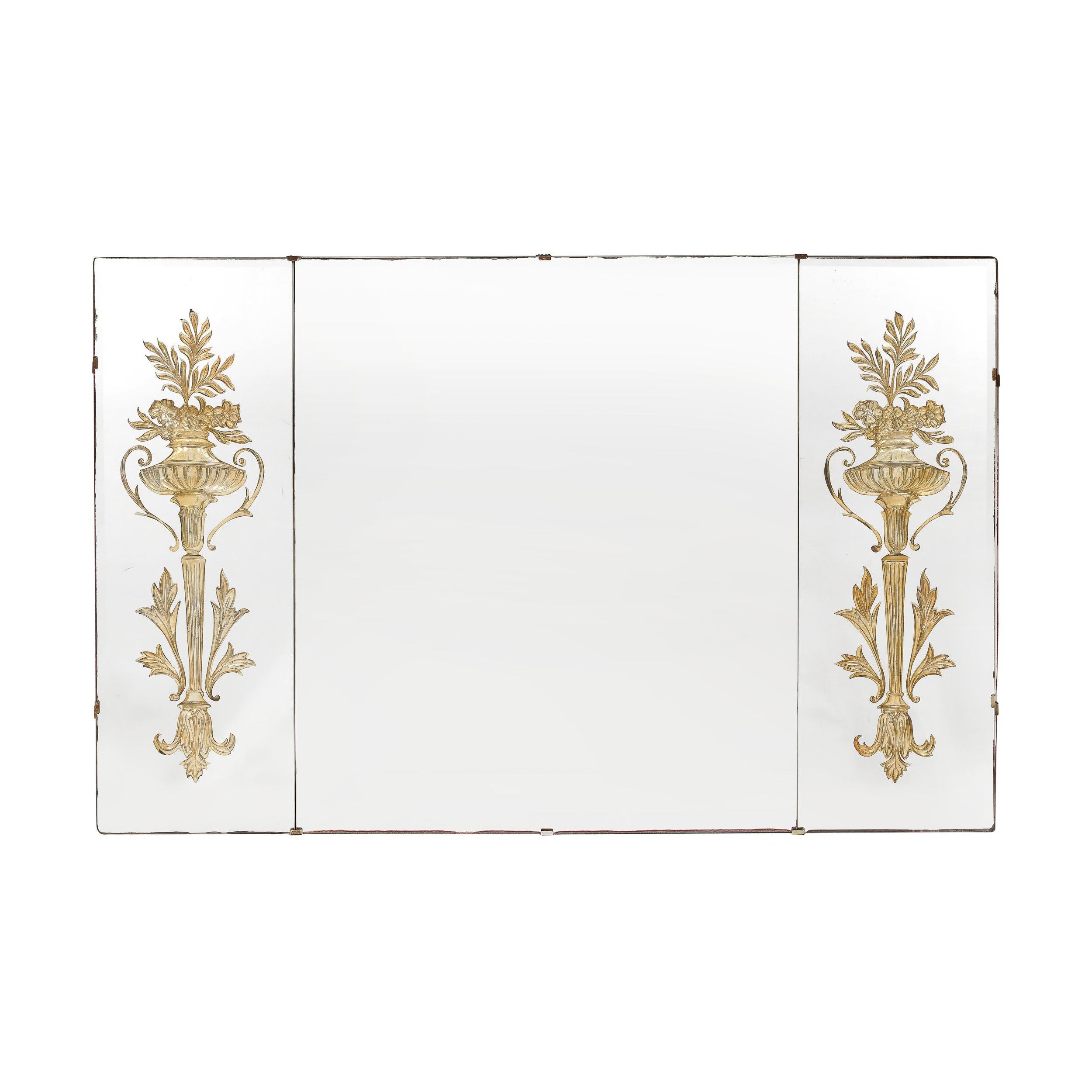 Hollywood Regency 3-Paneled Mirror w/ Neoclassical Kantharos Floral Motifs