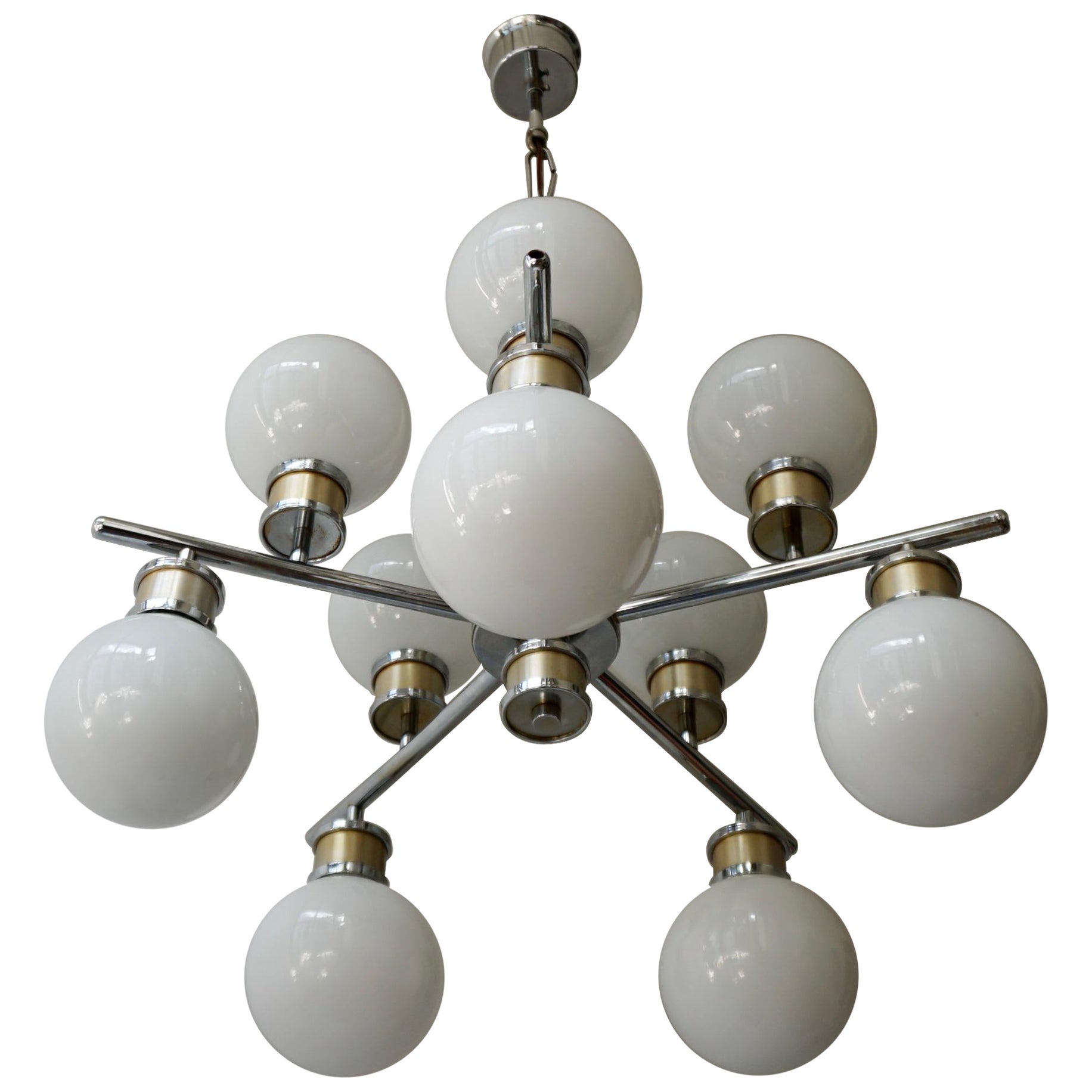 Large Chrome and 10 Opaline Globe Atomic Chandelier For Sale