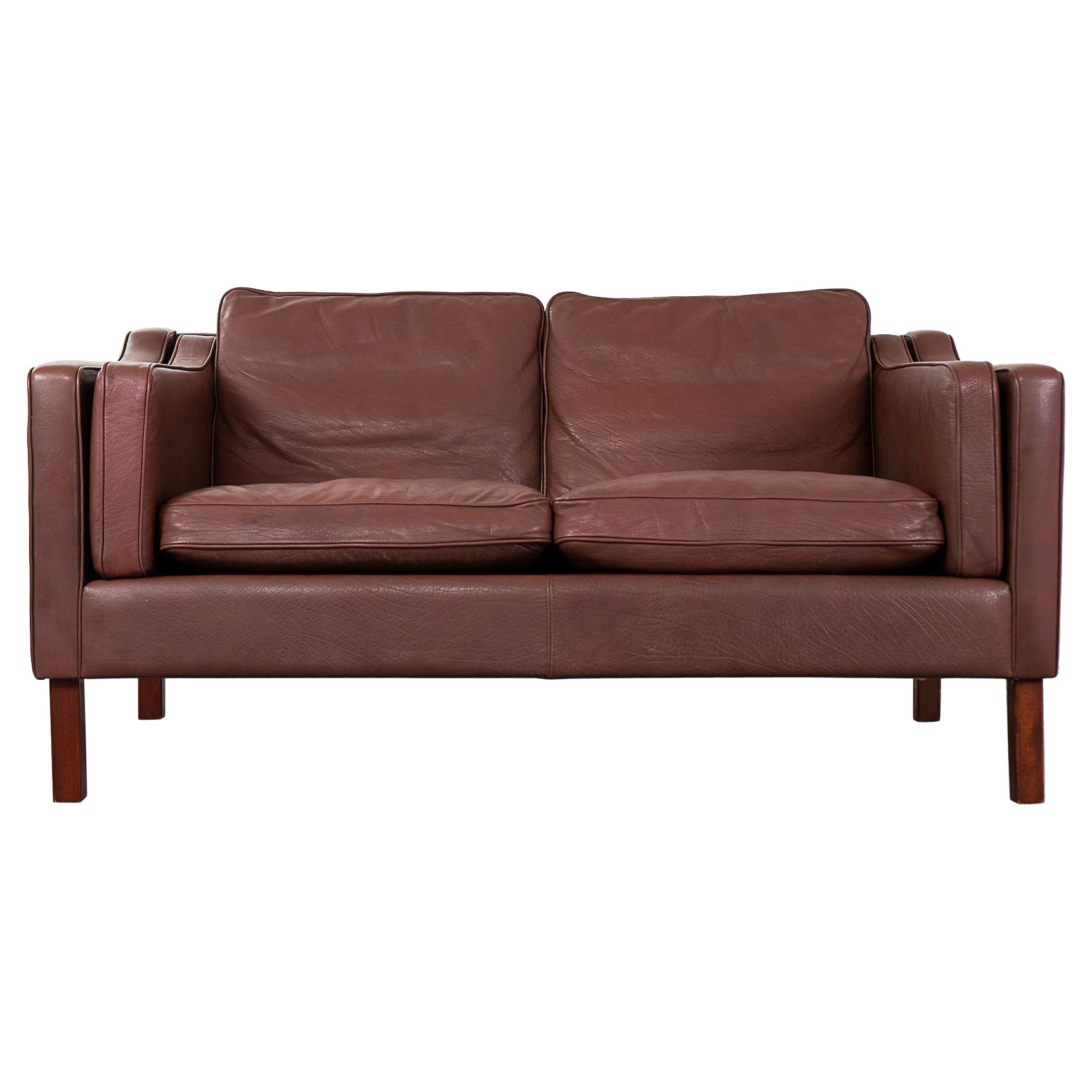 Danish Modern Brown Leather Loveseat For Sale