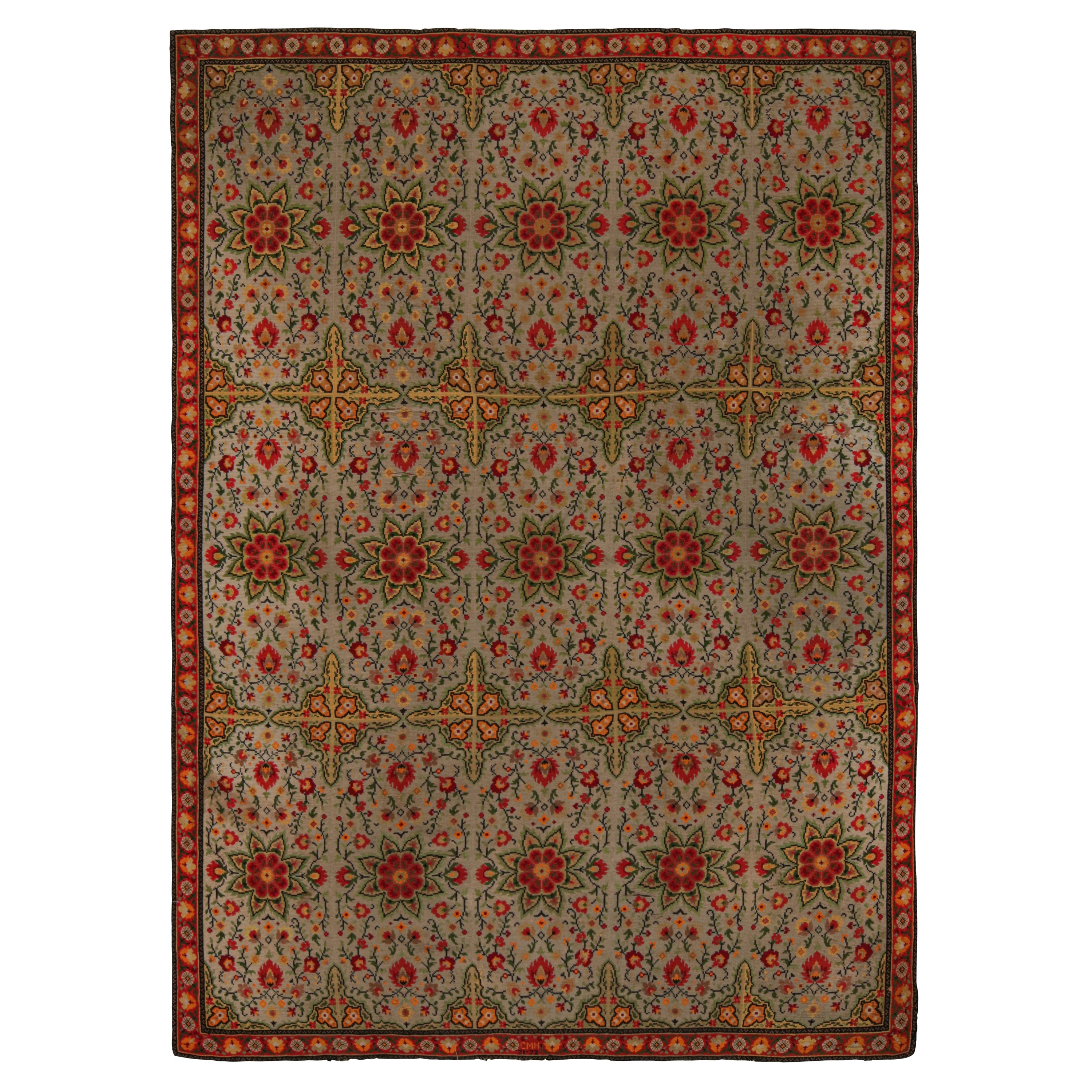 Antique French Needlepoint Rug in Beige with Floral Patterns, from Rug & Kilim