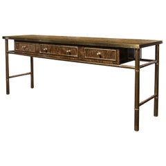 Mid-Century Antiqued Brass & Burled Carpathian Elm Console Table by Mastercraft