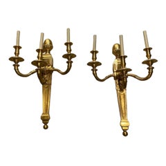 1940 Große französische vergoldete Bronze Drei Lights Sconces