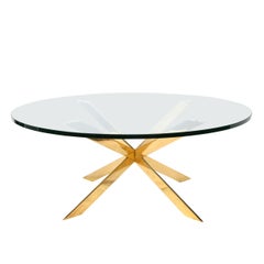 Mid-Century Modernist X Form Polished Brass Cocktail Table with Round Glass Top