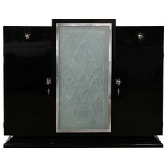 Rare Art Deco Black Lacquer & Frosted Relief Glass Cabinet Signed Pierre Gilles 