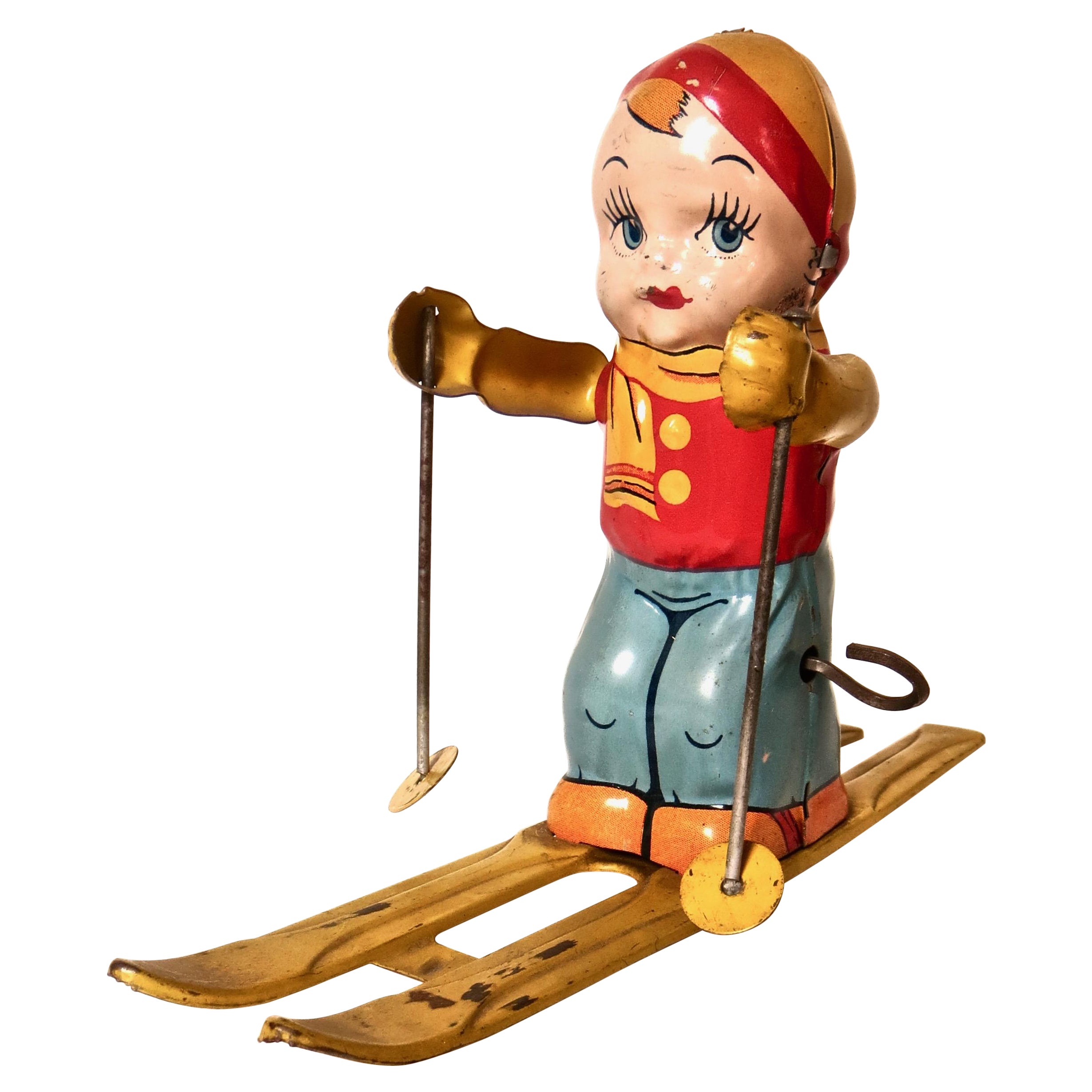 Vintage Tin Wind Up Toy "Boy Skier" by J. Chein & Co. American Circa 1950 For Sale