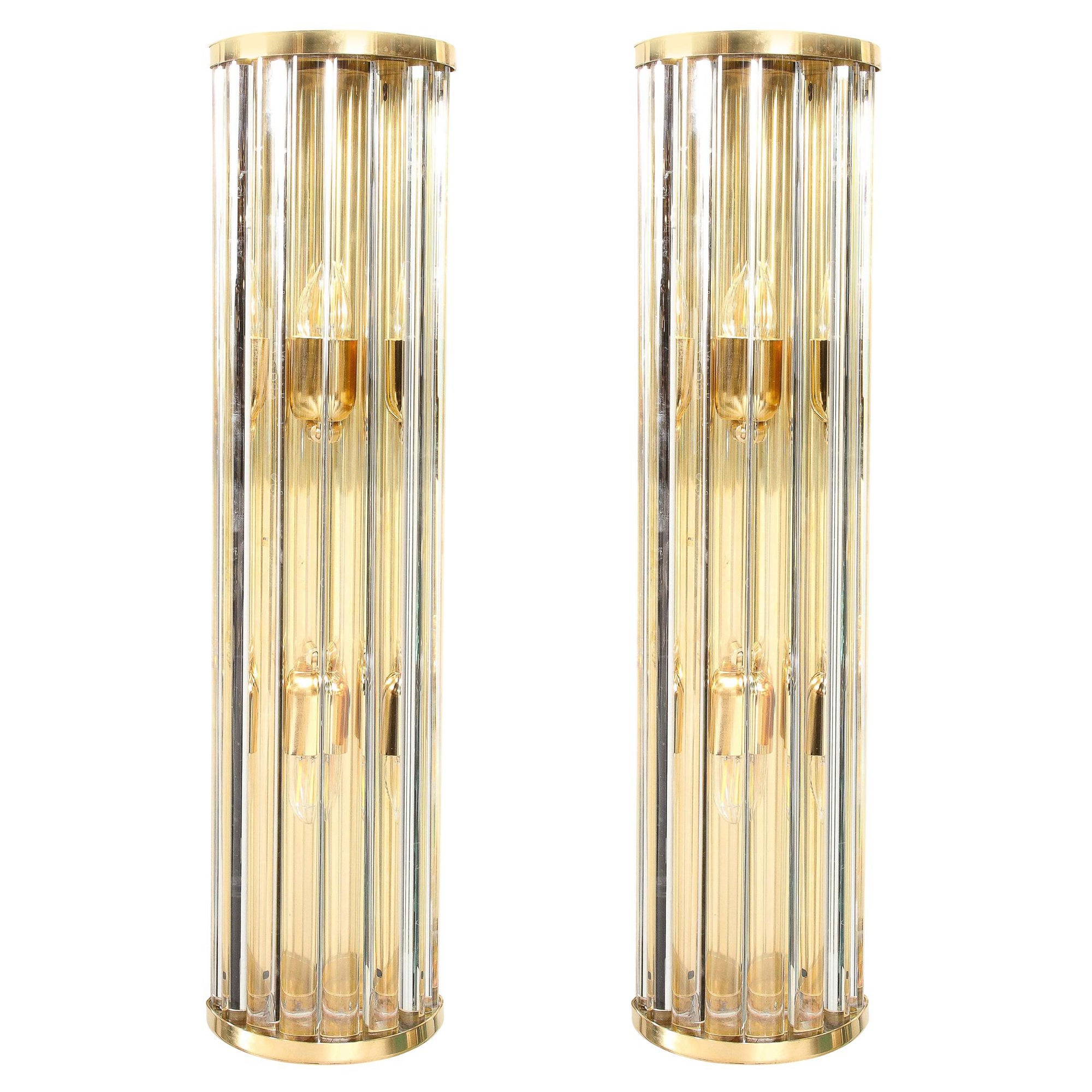 Mid-Century Hand-Blown Murano Glass Rod & Brass Sconces Signed Tosso Murano For Sale