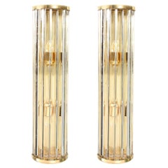 Vintage Mid-Century Hand-Blown Murano Glass Rod & Brass Sconces Signed Tosso Murano