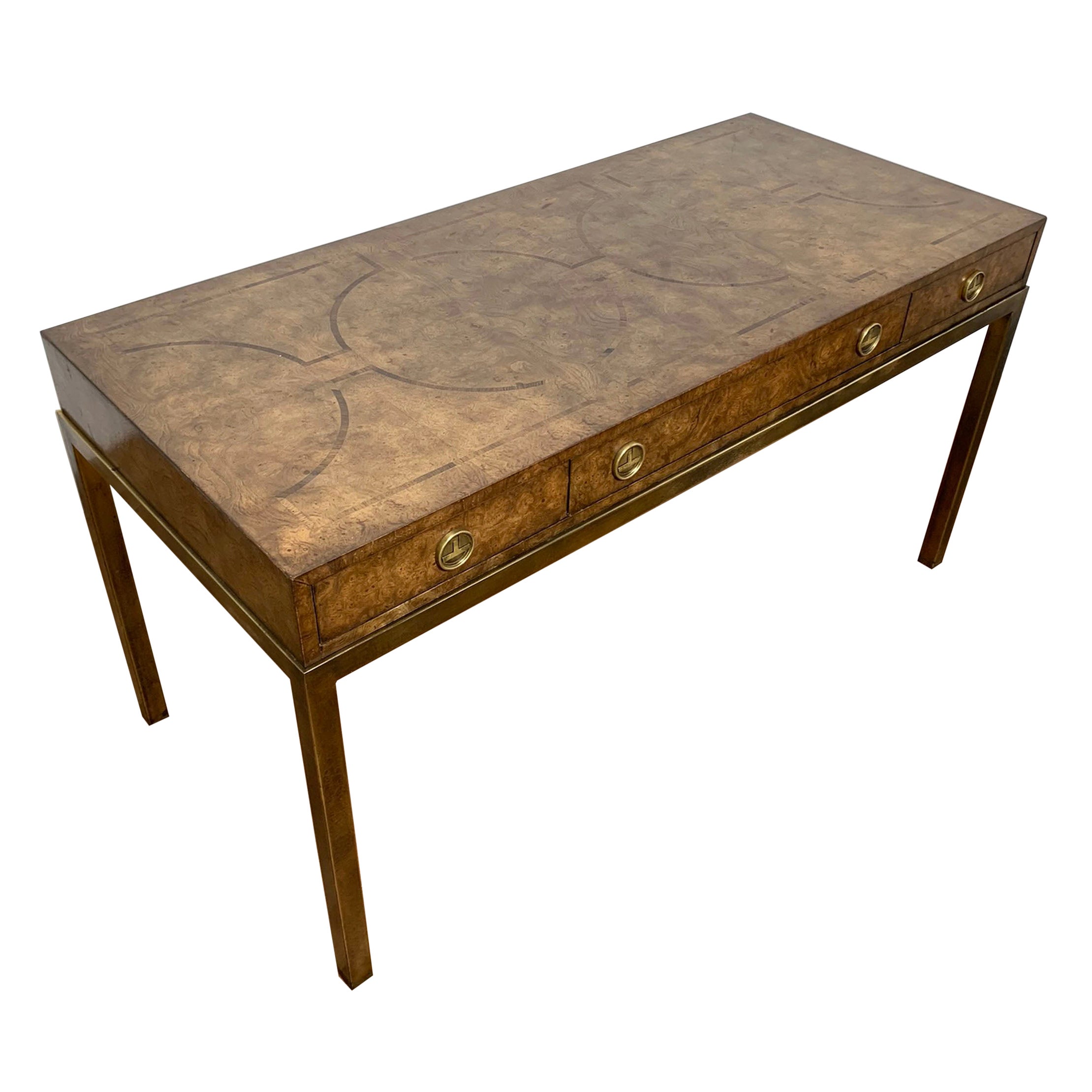 Mastercraft Attributed Campaign Style Desk in Burlwood and Brass Circa 1960s