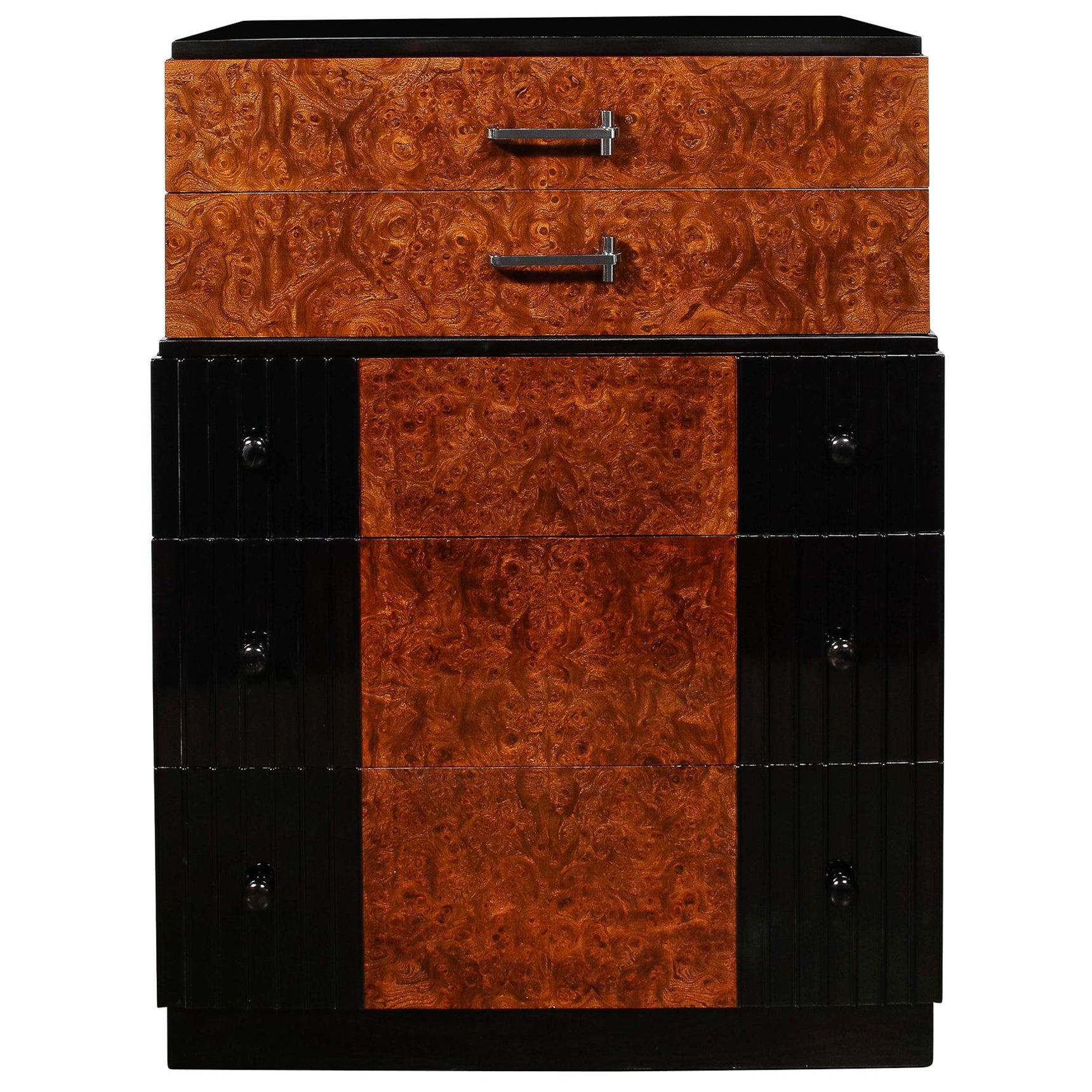 Art Deco Book-Matched & Burled Walnut, Chrome Pulls & Fluted Black Lacquer Chest For Sale