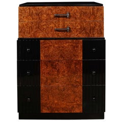 Art Deco Book-Matched & Burled Walnut, Chrome Pulls & Fluted Black Lacquer Chest