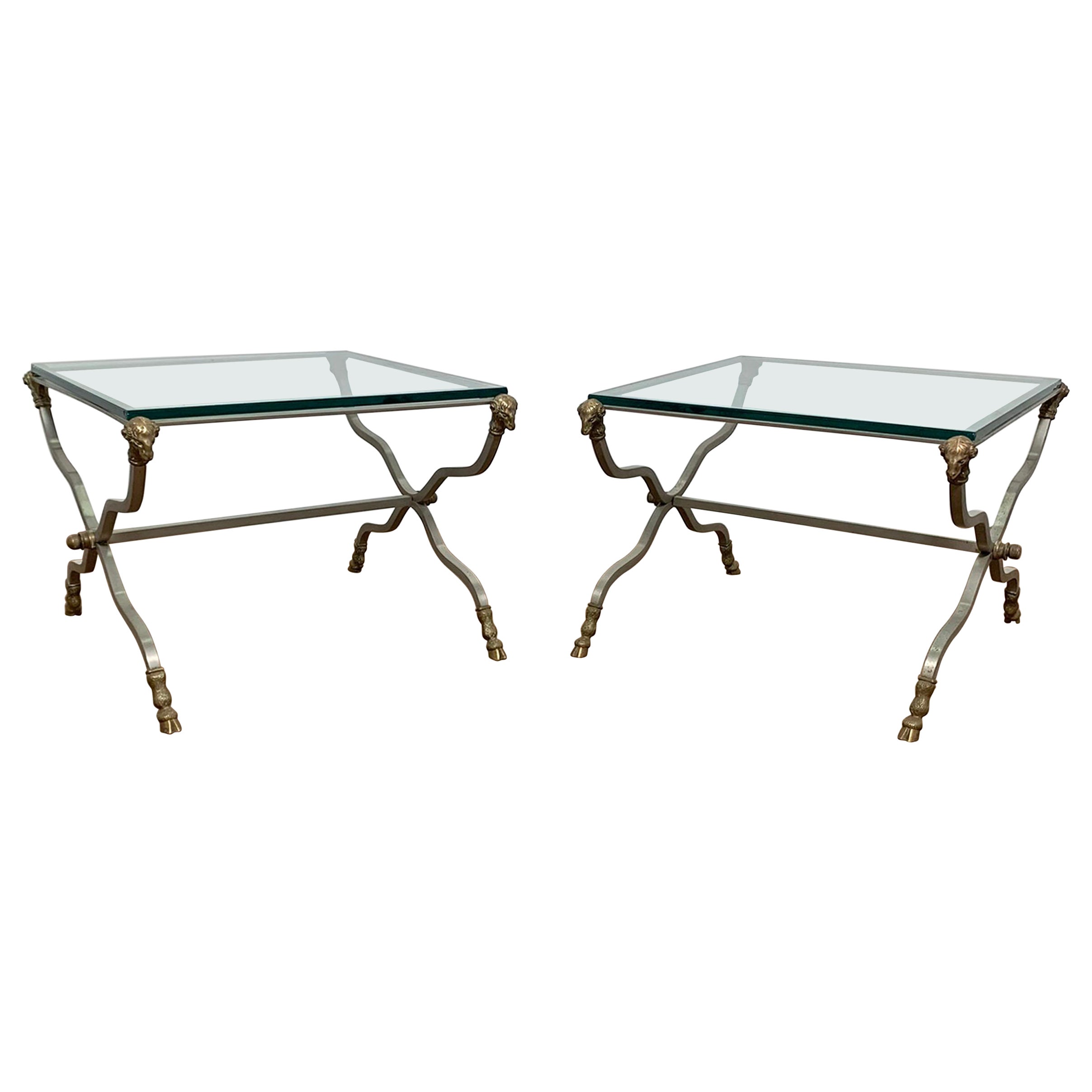 Pair of Italian X-Form End Tables with Ram's Head Accents Circa 1960s