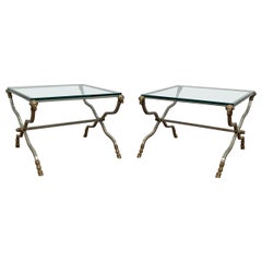 Vintage Pair of Italian X-Form End Tables with Ram's Head Accents Circa 1960s