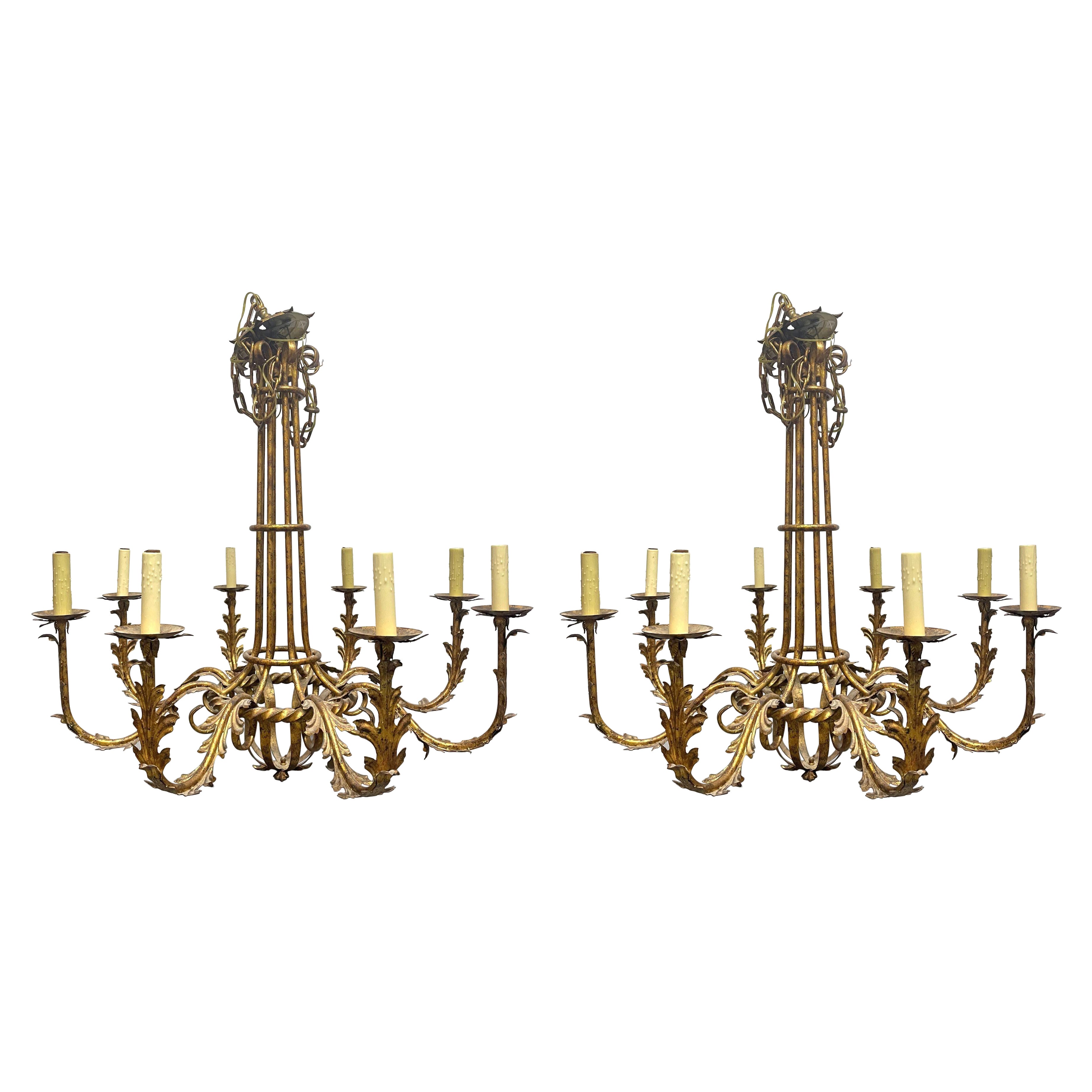 Pair Large Gilt Metal 8 Arm Chandeliers For Sale