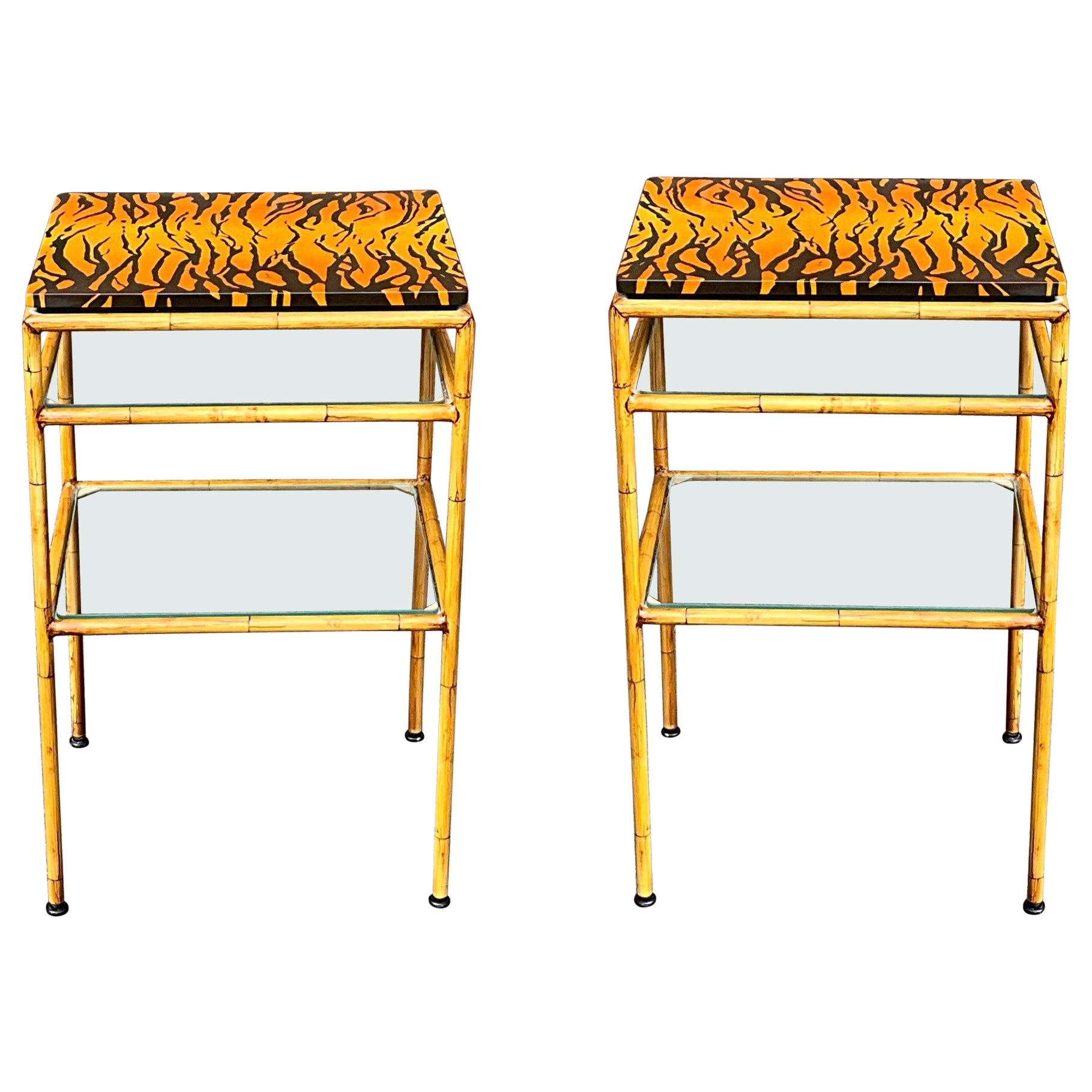 Regency Style Faux Bamboo Tole Side Tables W/ Hand Painted Tiger Tops - Pair