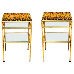 Regency Style Faux Bamboo Tole Side Tables W/ Hand Painted Tiger Tops - Pair