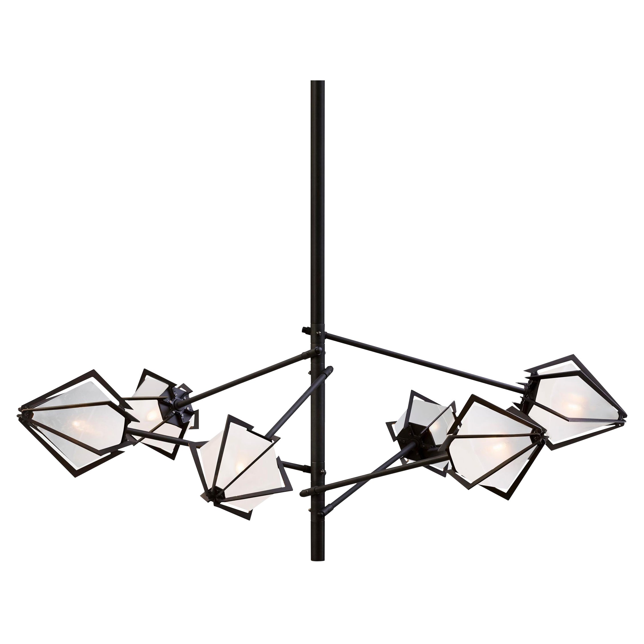 Harlow Spoke Chandelier Small in Blackened Steel and Alabaster White Glass For Sale