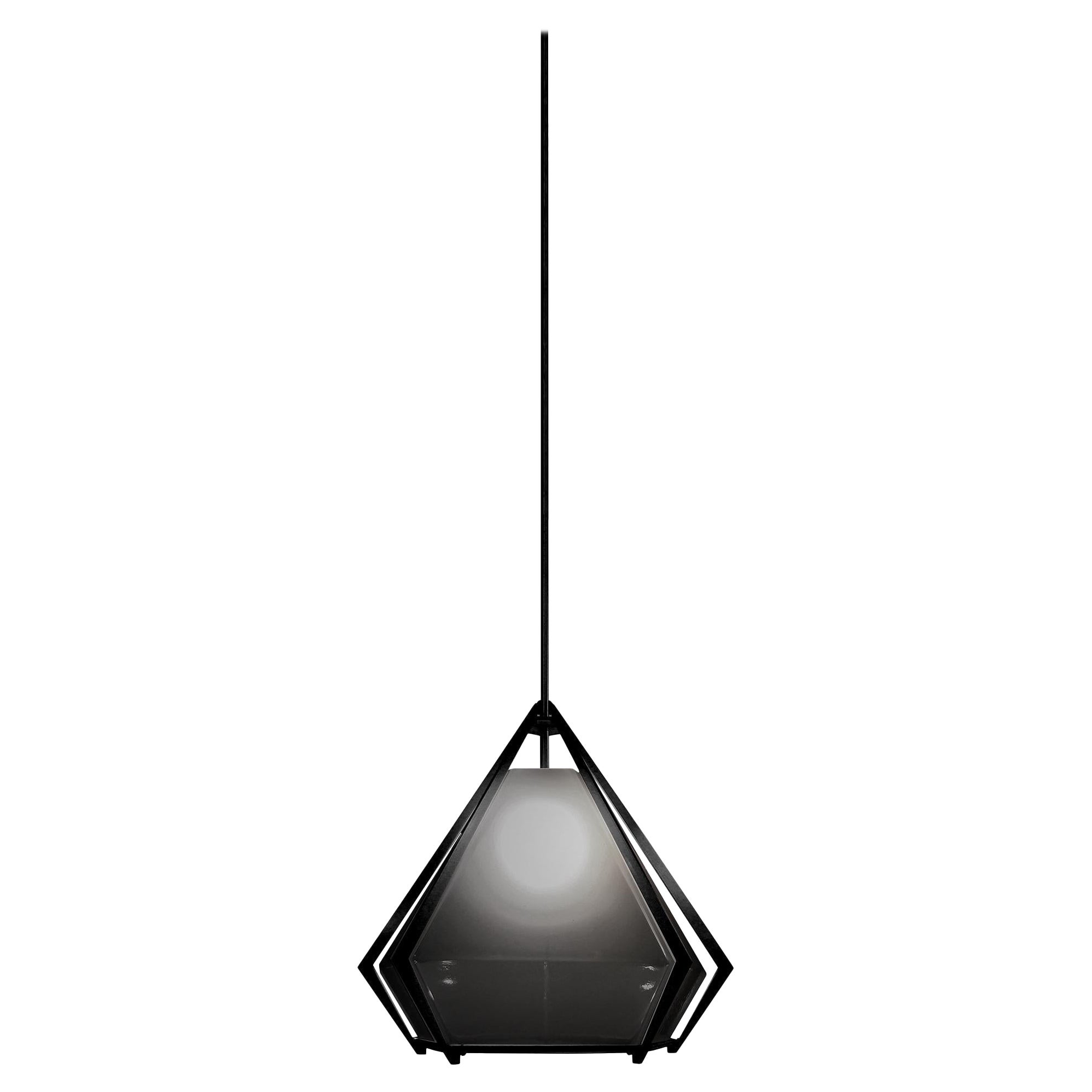 Harlow Small Pendant in Blackened Steel & Alabaster White Glass For Sale