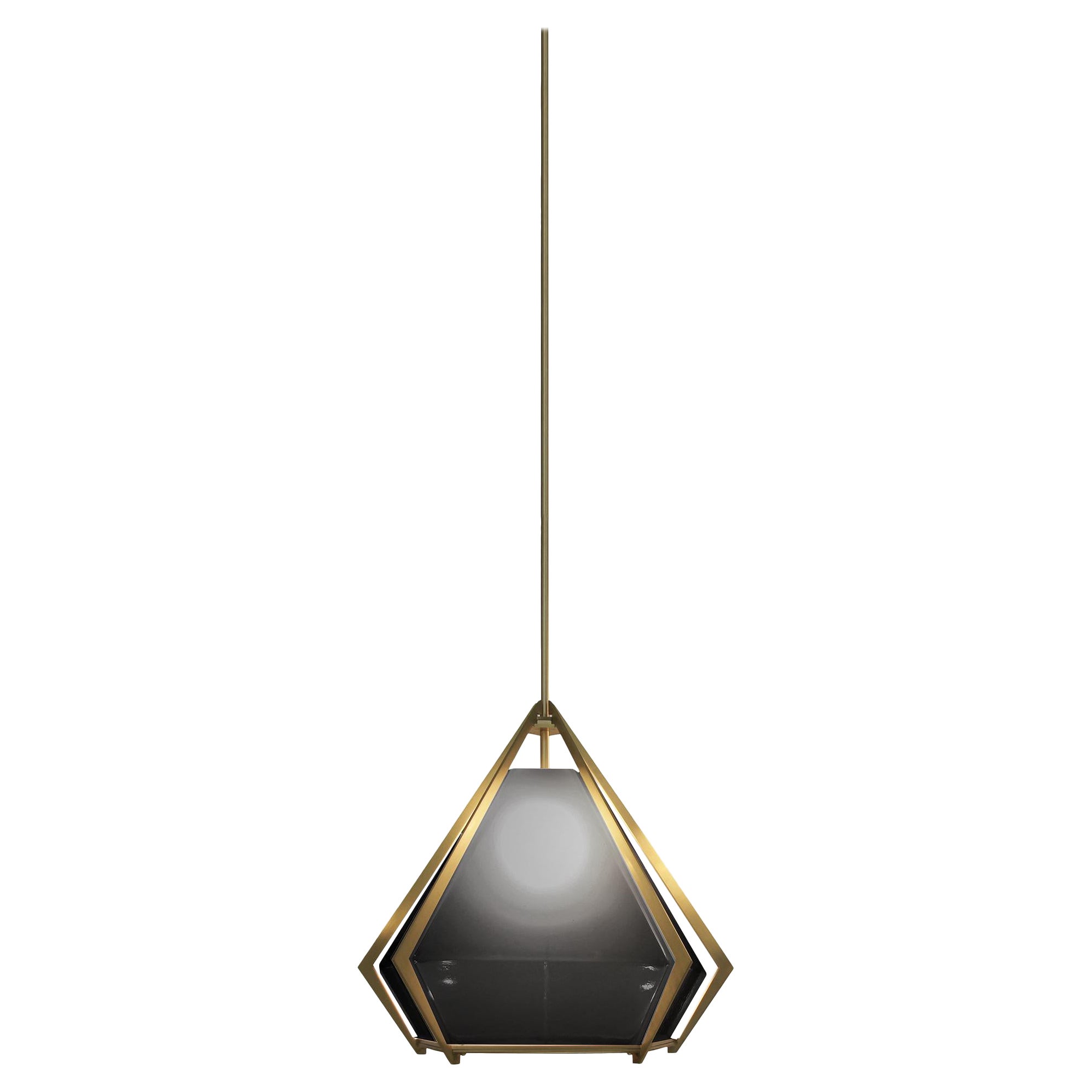 Harlow Small Pendant in Satin Brass & Smoked Gray Glass For Sale