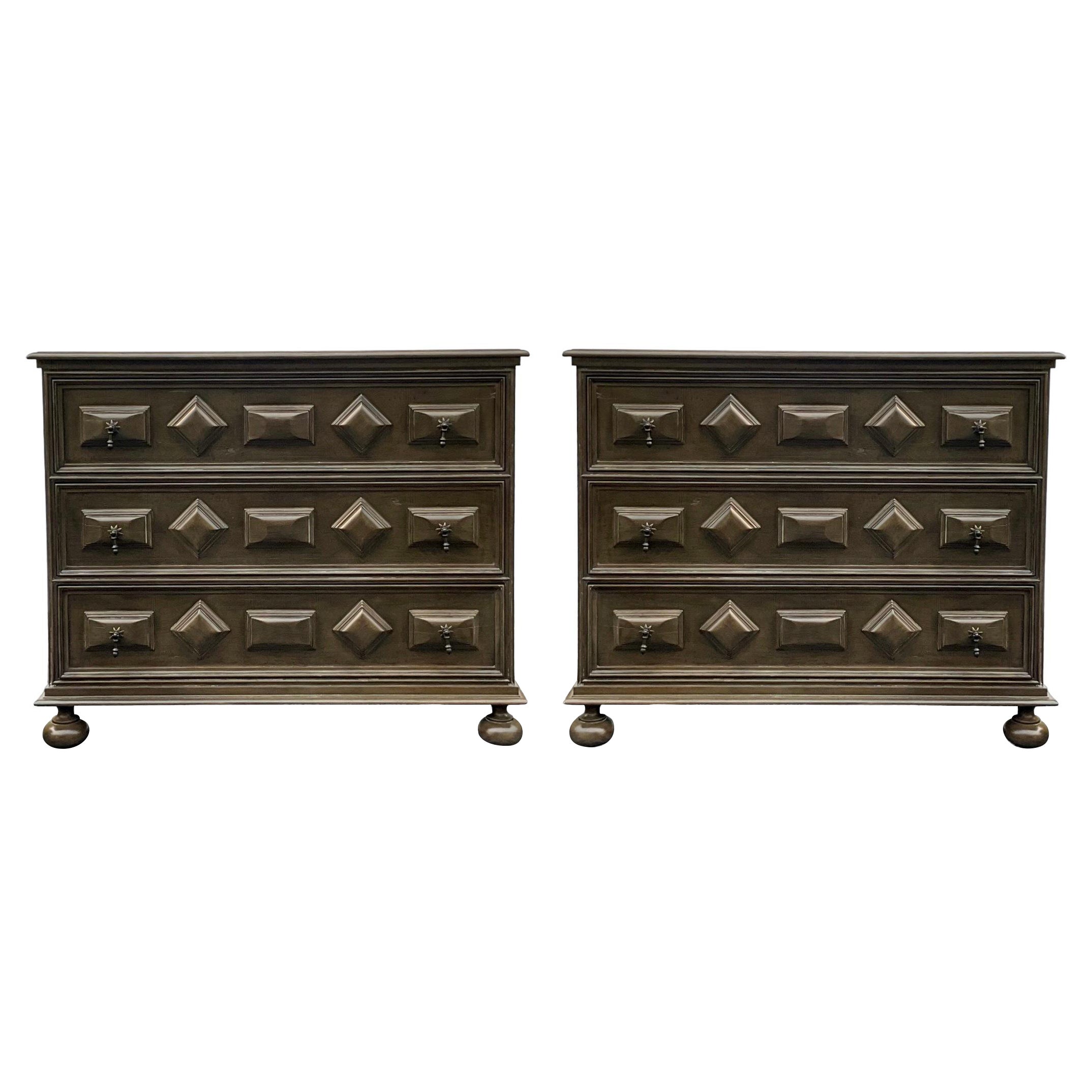 Theodore Alexander Jacobean Style Carved Alder And Brass Chests / Commode -Pair For Sale