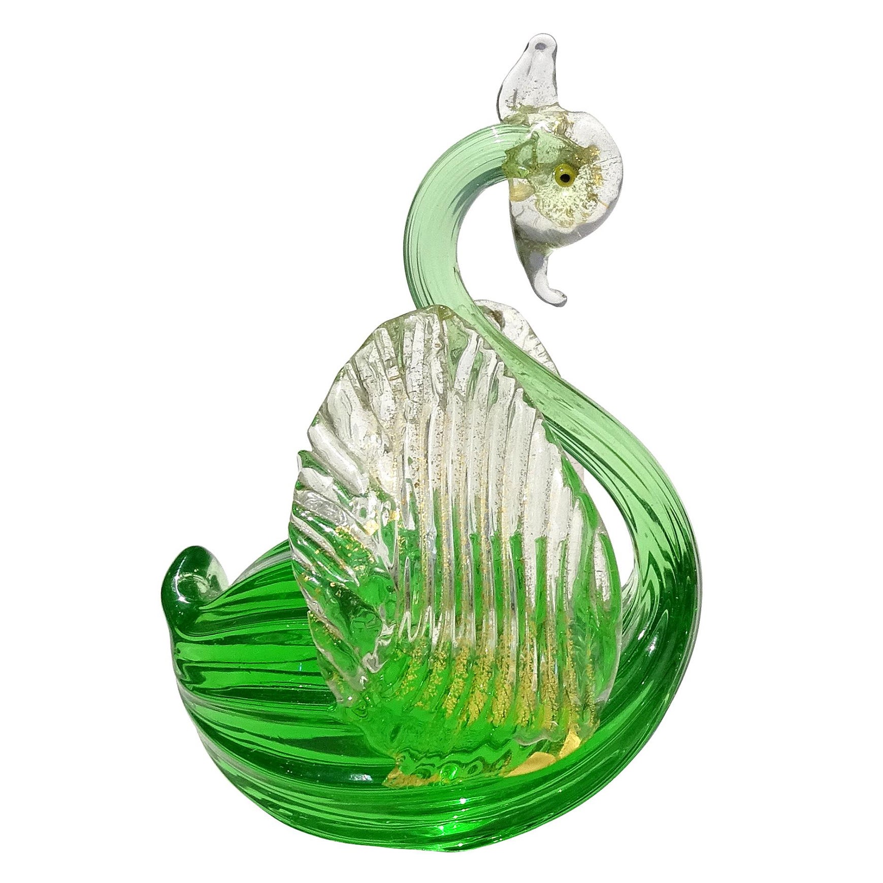 Murano Emerald Green Gold Flecks Italian Art Glass Swan Bird Sculpture Figurine en vente