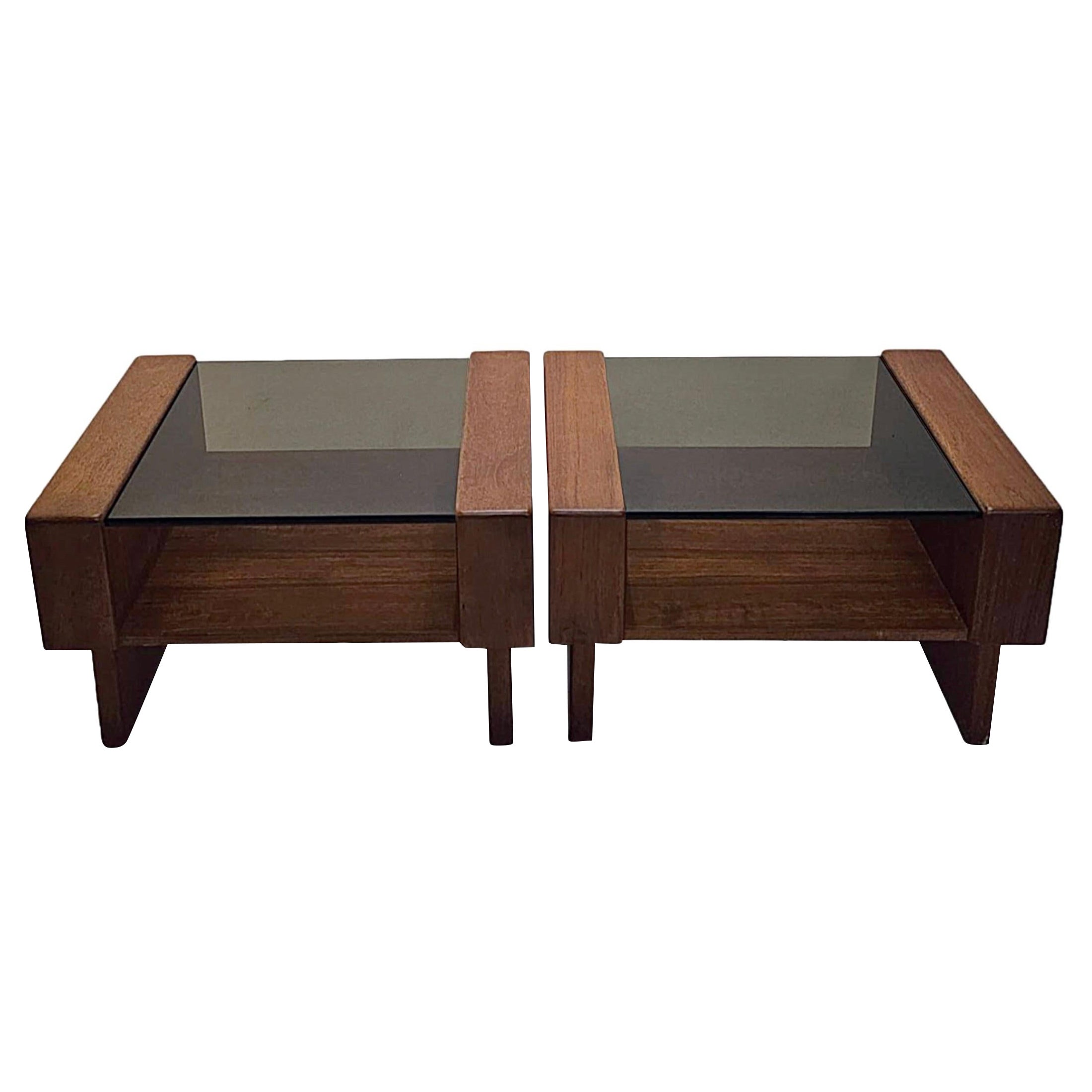 Vintage Danish Modern Teak Smoked Glass Side Tables For Sale at 1stDibs