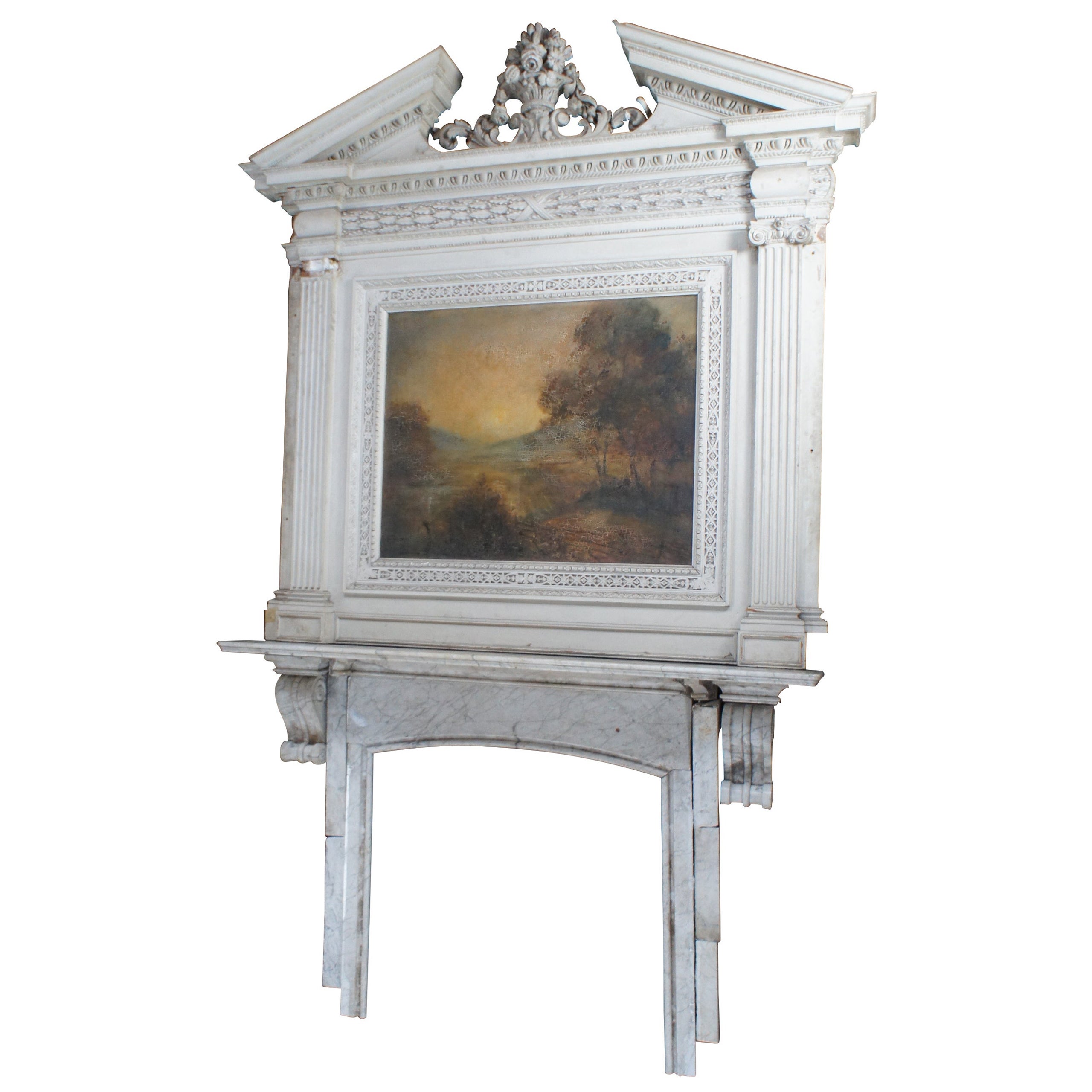 Monumental Antique Neoclassical European Marble Overmantel Fireplace Mantel 142" For Sale