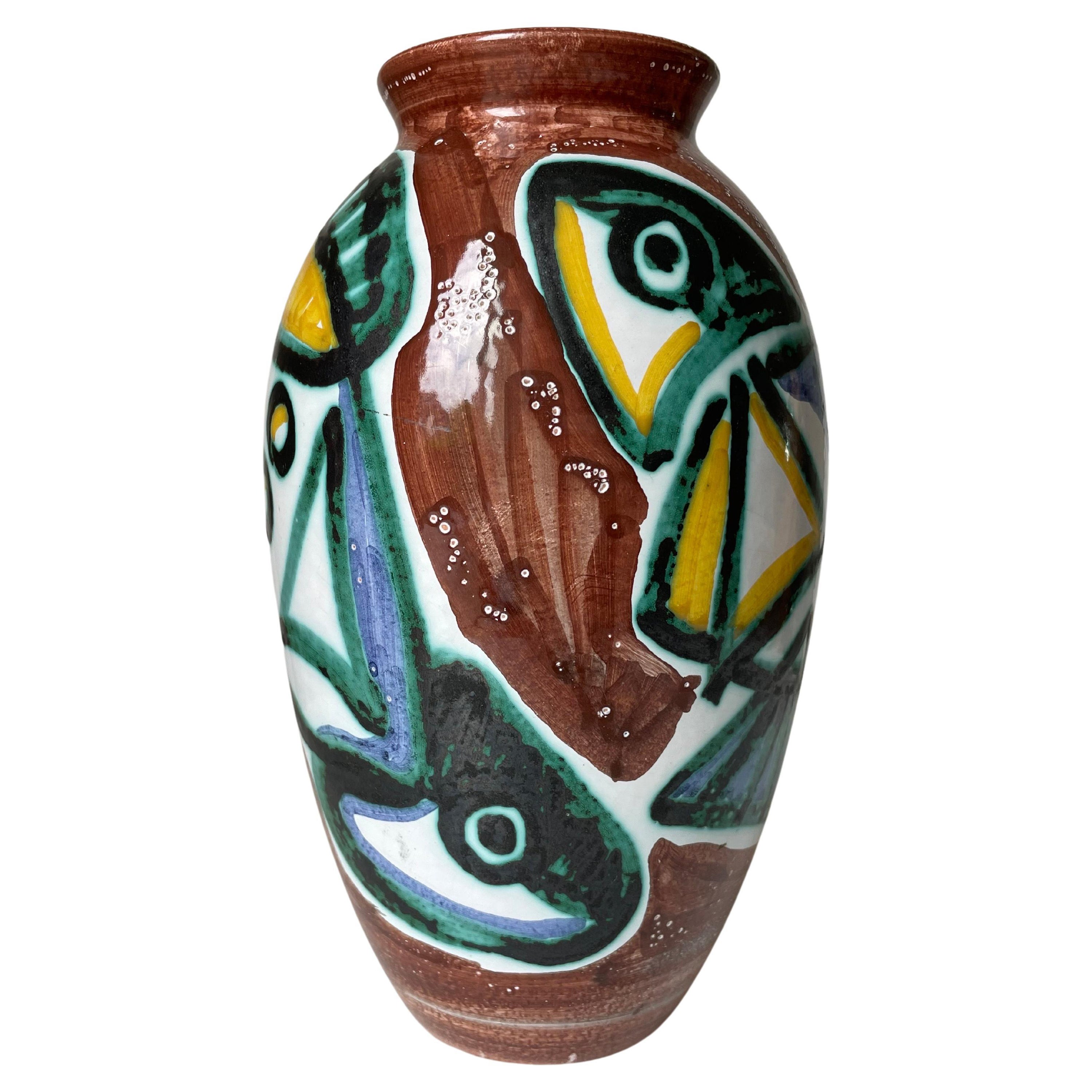 Hand-Painted Danish Modern Colorful Fish Ceramic Vase, 1960s For Sale