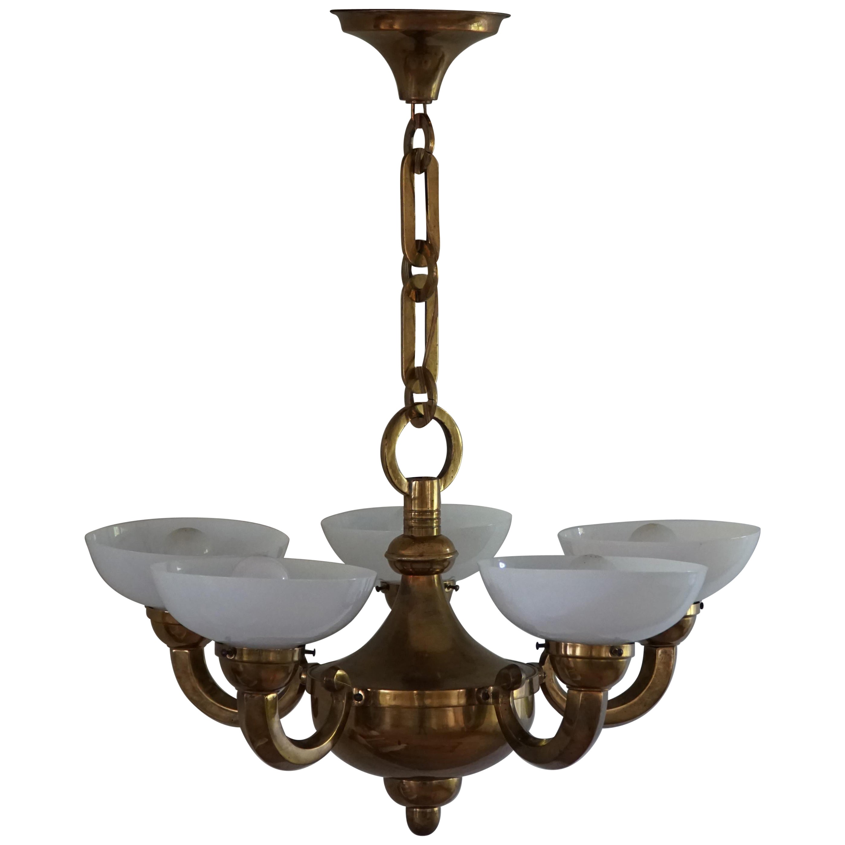 A Danish Modern Art Deco Chandelier, Glass & Brass, 1940s For Sale