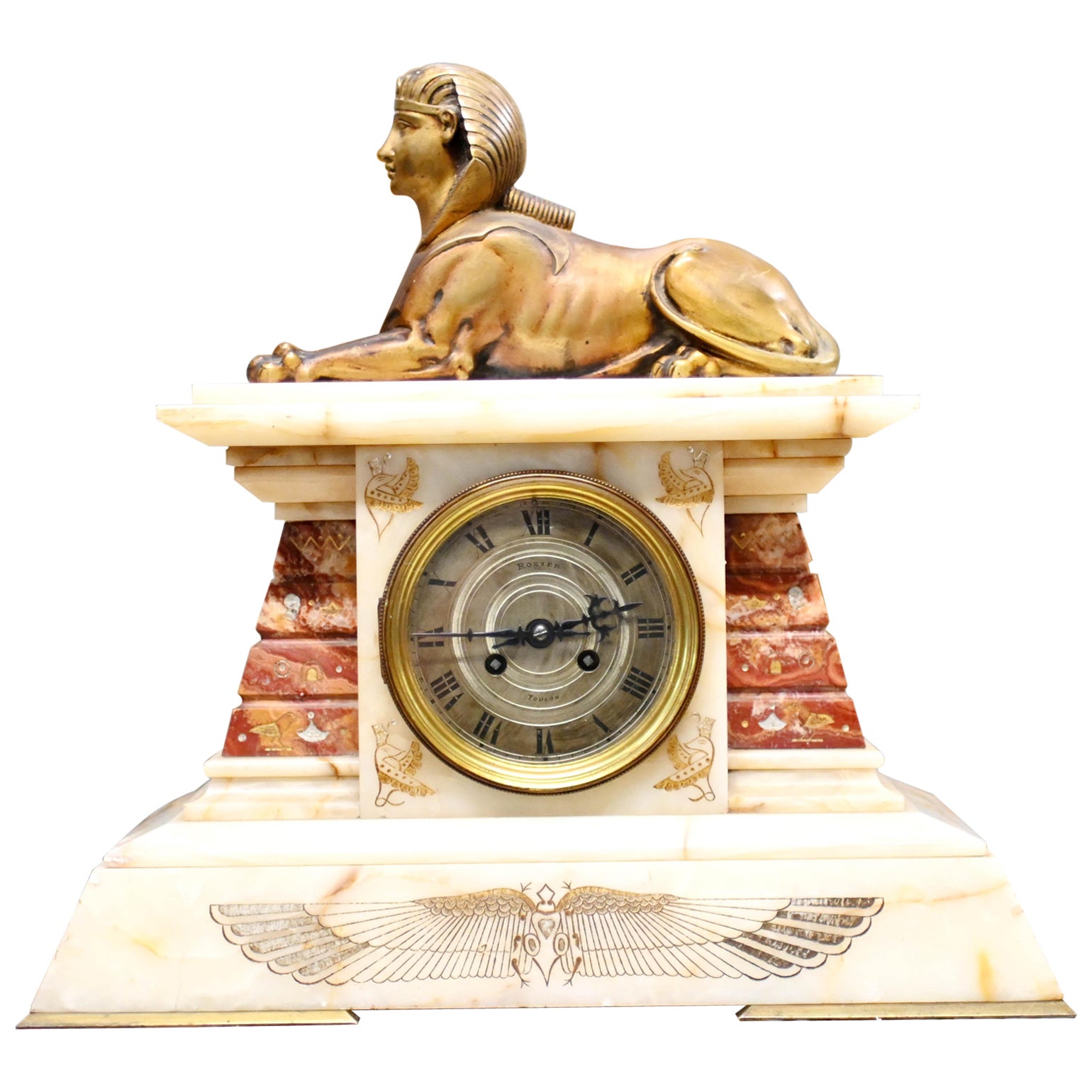 French Empire Clock Mantel Gilded Spinx Marble 1880 For Sale