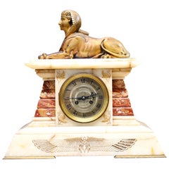 Used French Empire Clock Mantel Gilded Spinx Marble 1880