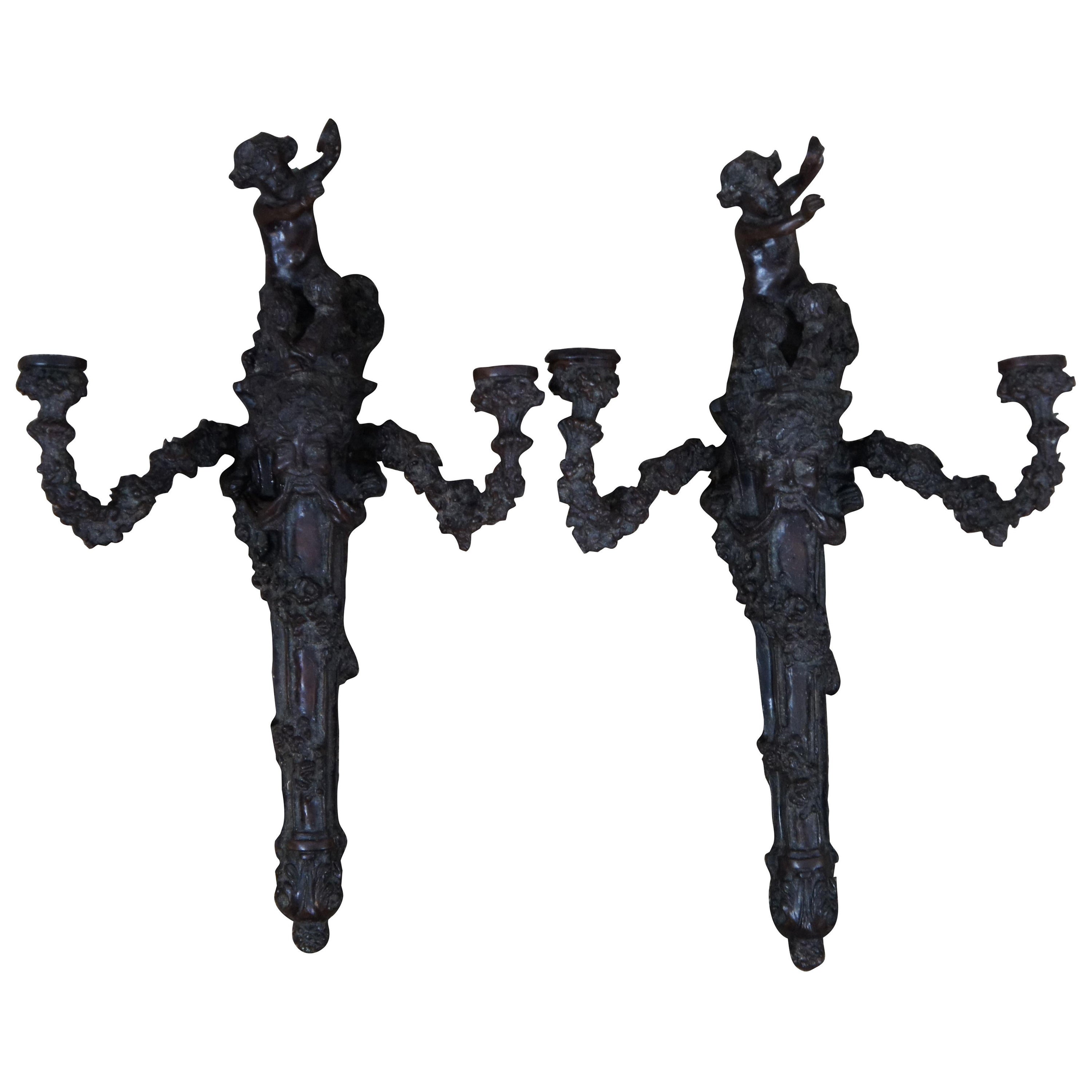 2 Bronze Two Arm Candelabra Candle Holder Wall Sconces Faun Bacchus 19" For Sale