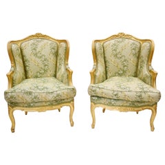 Retro Pair French Gilt Arm Chairs Fauteuils