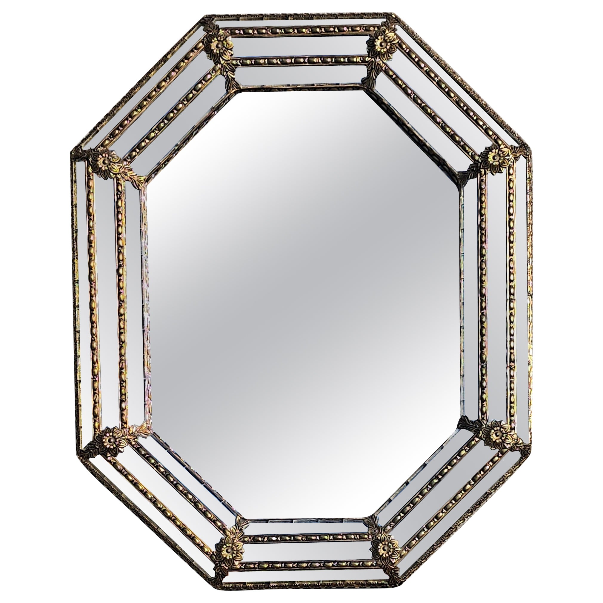 Hollywood Regency Octagonal Mirror with Brass Floral Accent, Italy 1970s