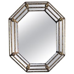 Used Hollywood Regency Octagonal Mirror with Brass Floral Accent, Italy 1970s