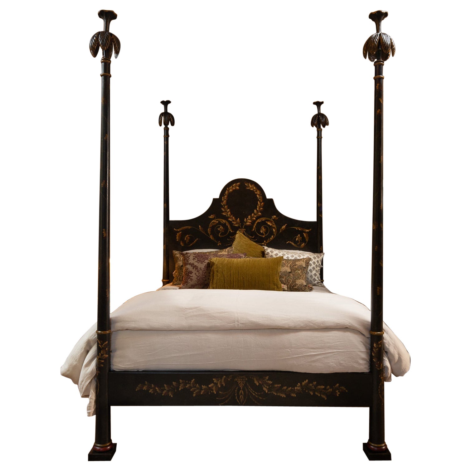 18th Century Hand-Painted Venetian Style Queen Size Black Full Posts Roma Bed For Sale