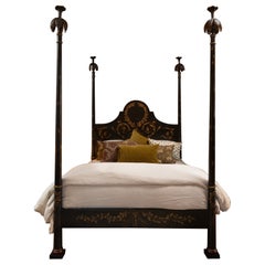 18th Century Hand-Painted Venetian Style Queen Size Black Full Posts Roma Bed