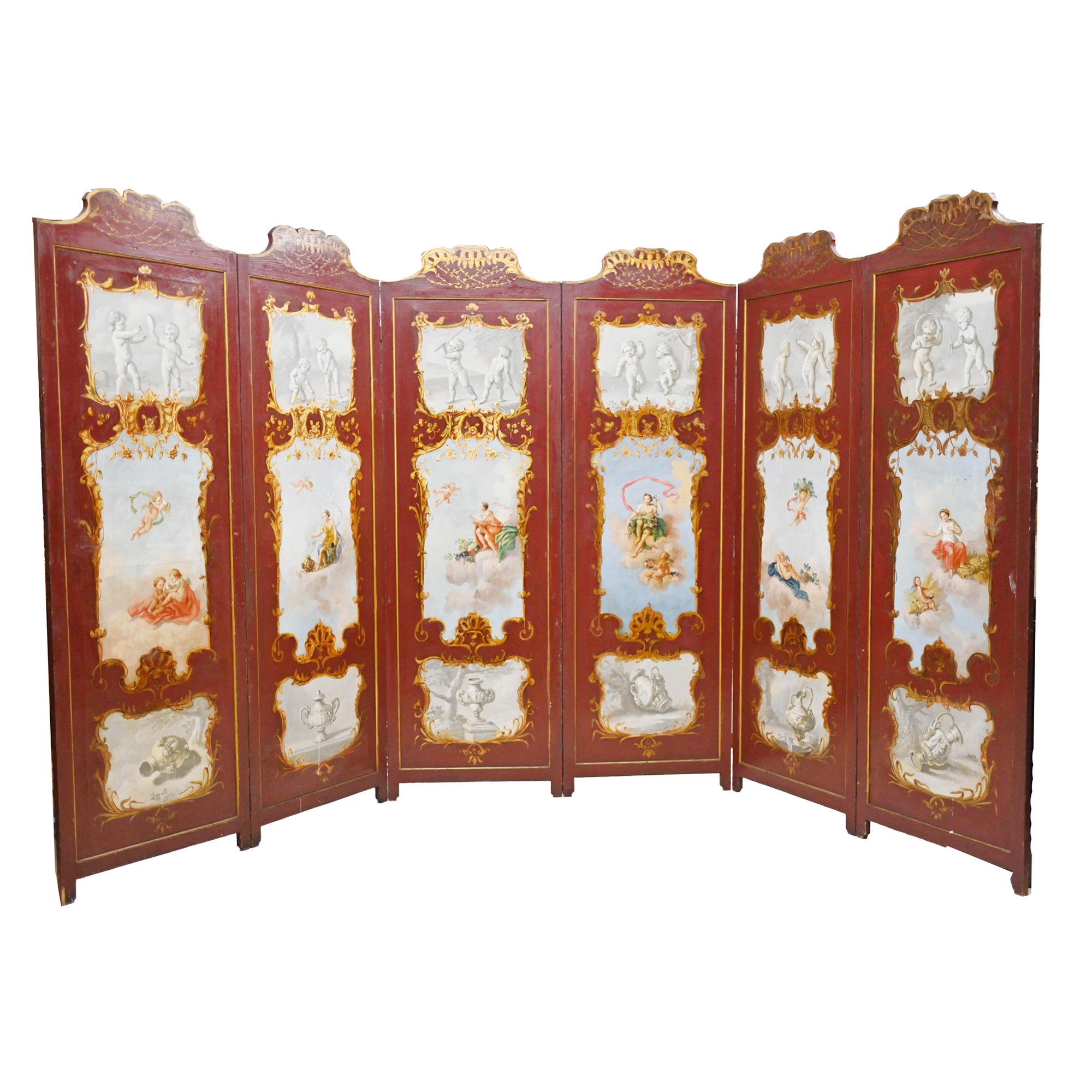 Six Panel Screen Antique Painted Room Divider Chinoiserie