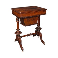 Used Ladies Work Table, English, Burr Walnut, Sewing Table, Victorian, C.1850