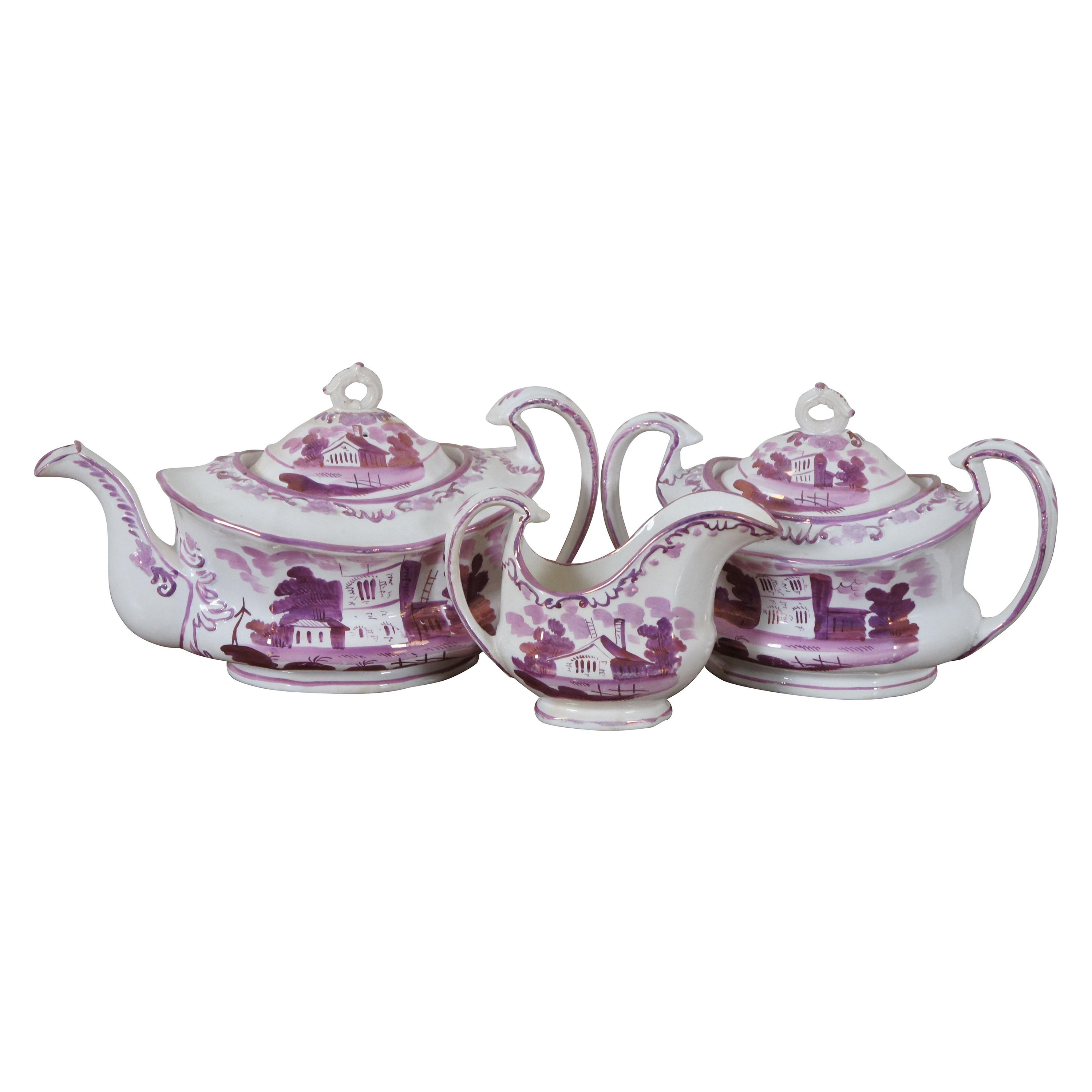 3 Antique 19th Century Pink Purple Lustreware Tea Coffee Cream Sugar Set  en vente