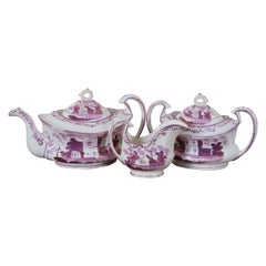 3 antike rosa-lila-Lüsterware-Tee-, Kaffee- und Zucker-Set aus dem 19. Jahrhundert 