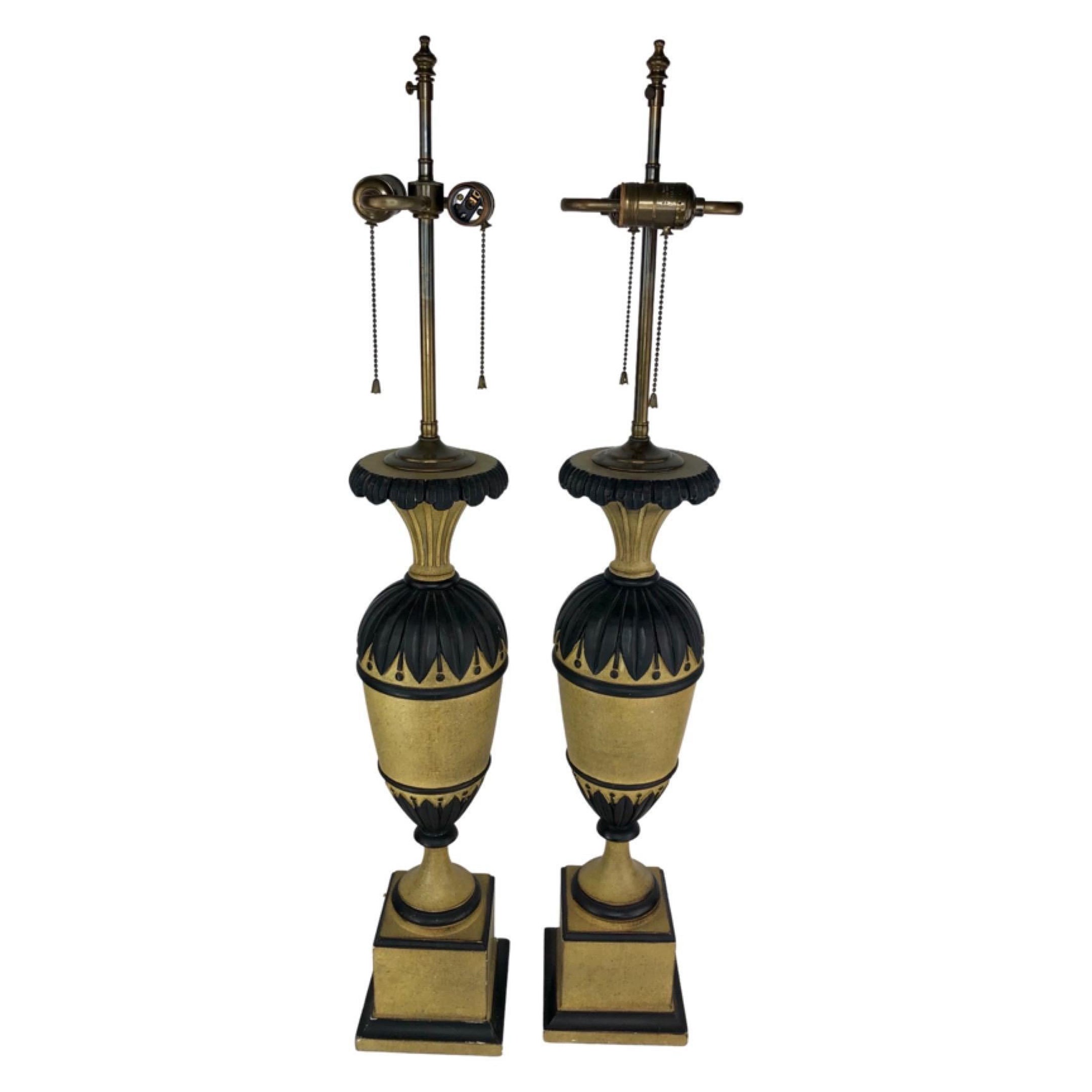 Pair of Vintage Painted Carved Wood Urn Shaped Lamps