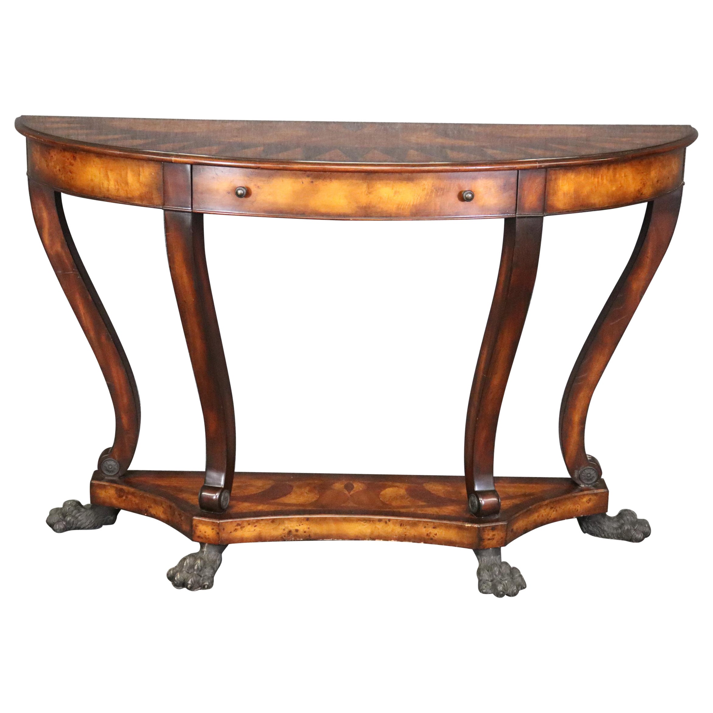Theodore Alexander Inlaid Bronze Paw Footed Burled Walnut Console Table 