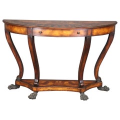 Table console en noyer ronceux avec pieds en bronze incrusté Theodore Alexander 