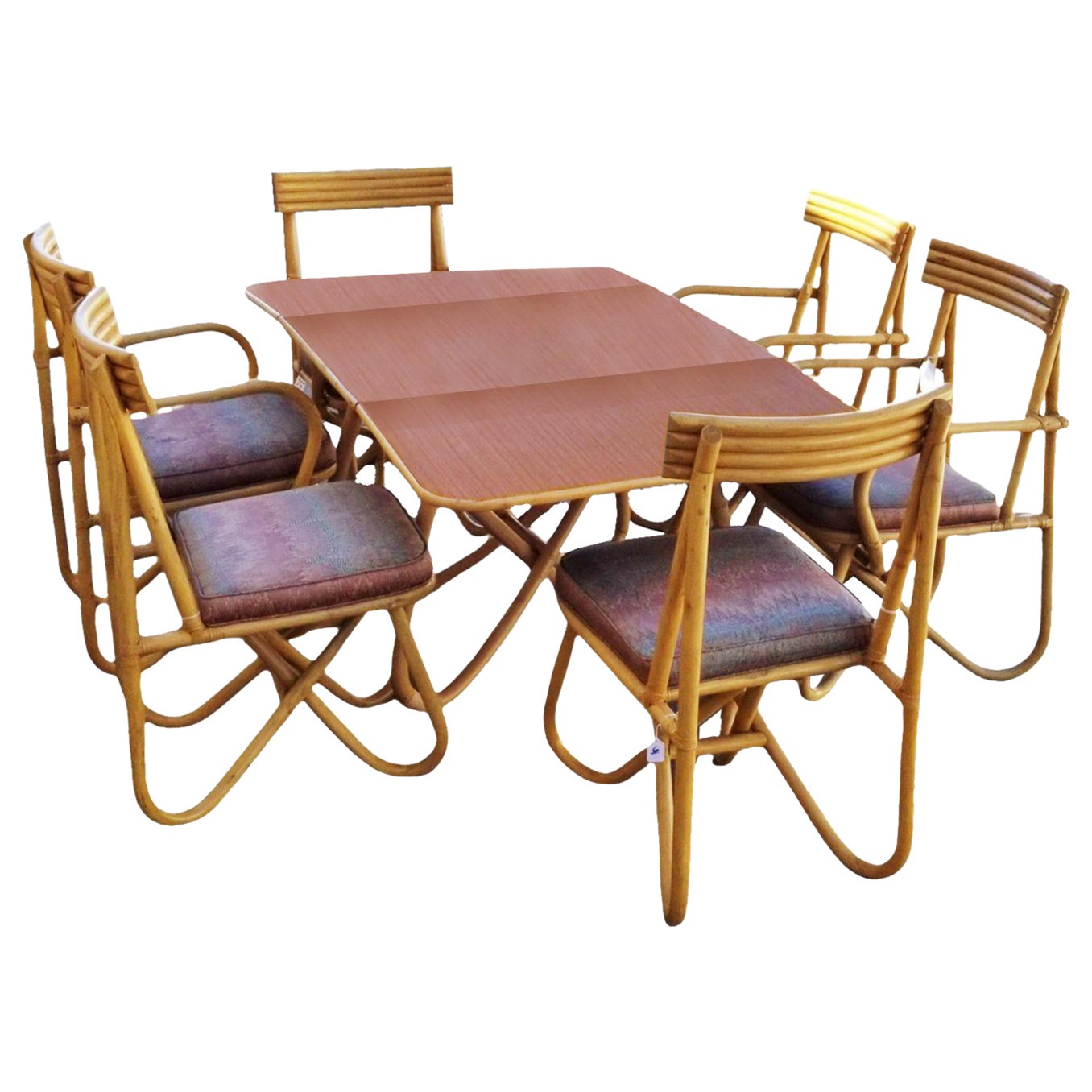 Restored Rattan "Loop" Leg Six Chairs and Dining Table Set