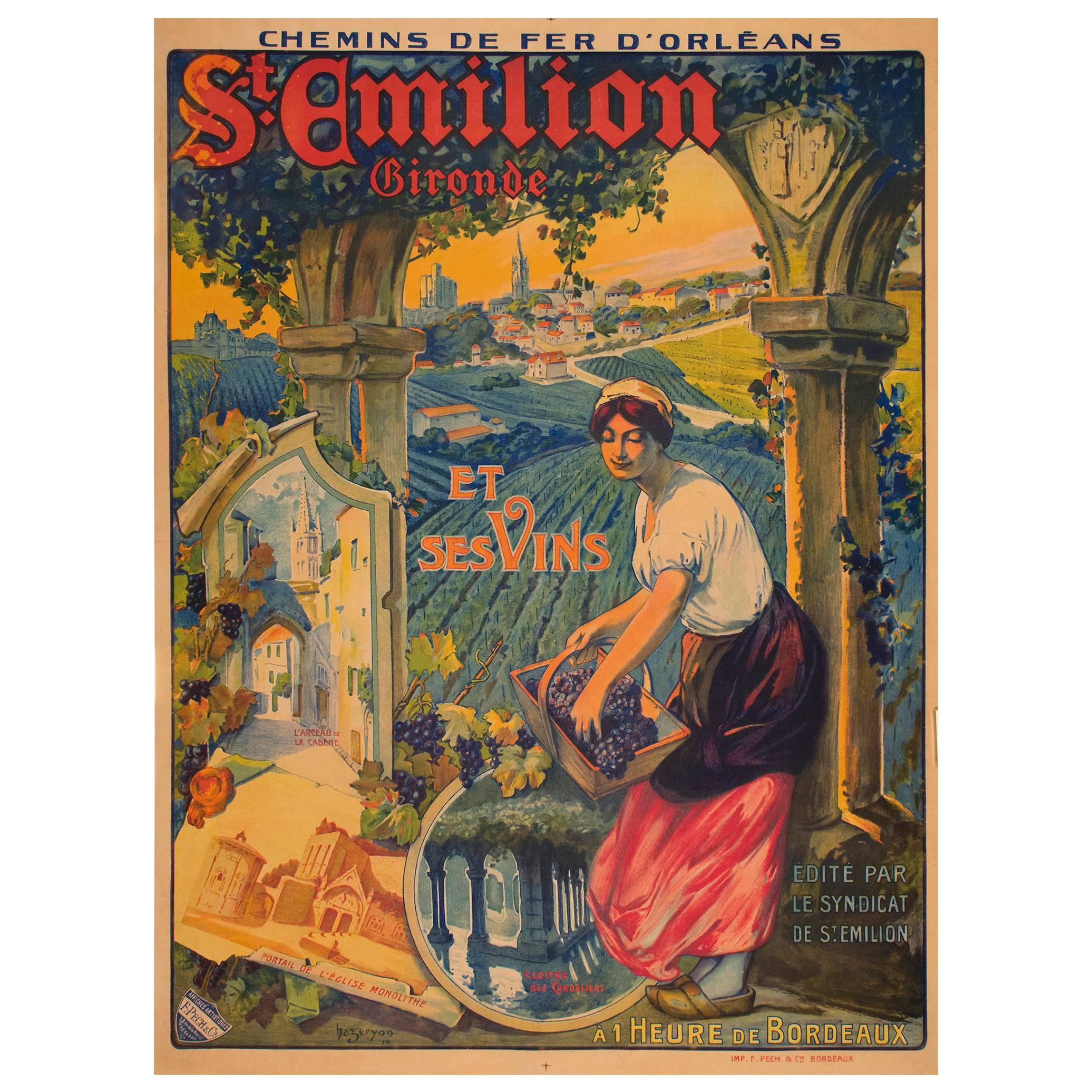 Original Antique French Travel Poster for St Emilion Wine Region by Hazeryon