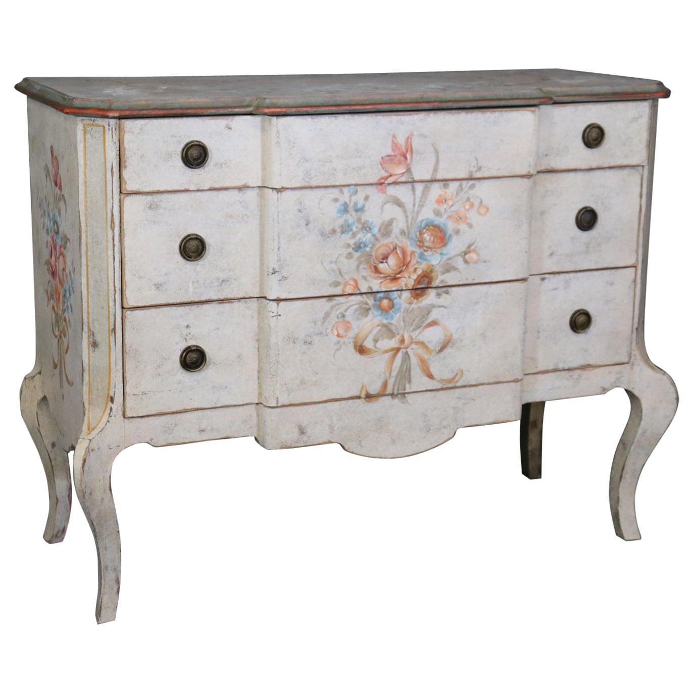 Superb Distressed Paint Decorated Louis XV Italian-Made Antique Commode For Sale