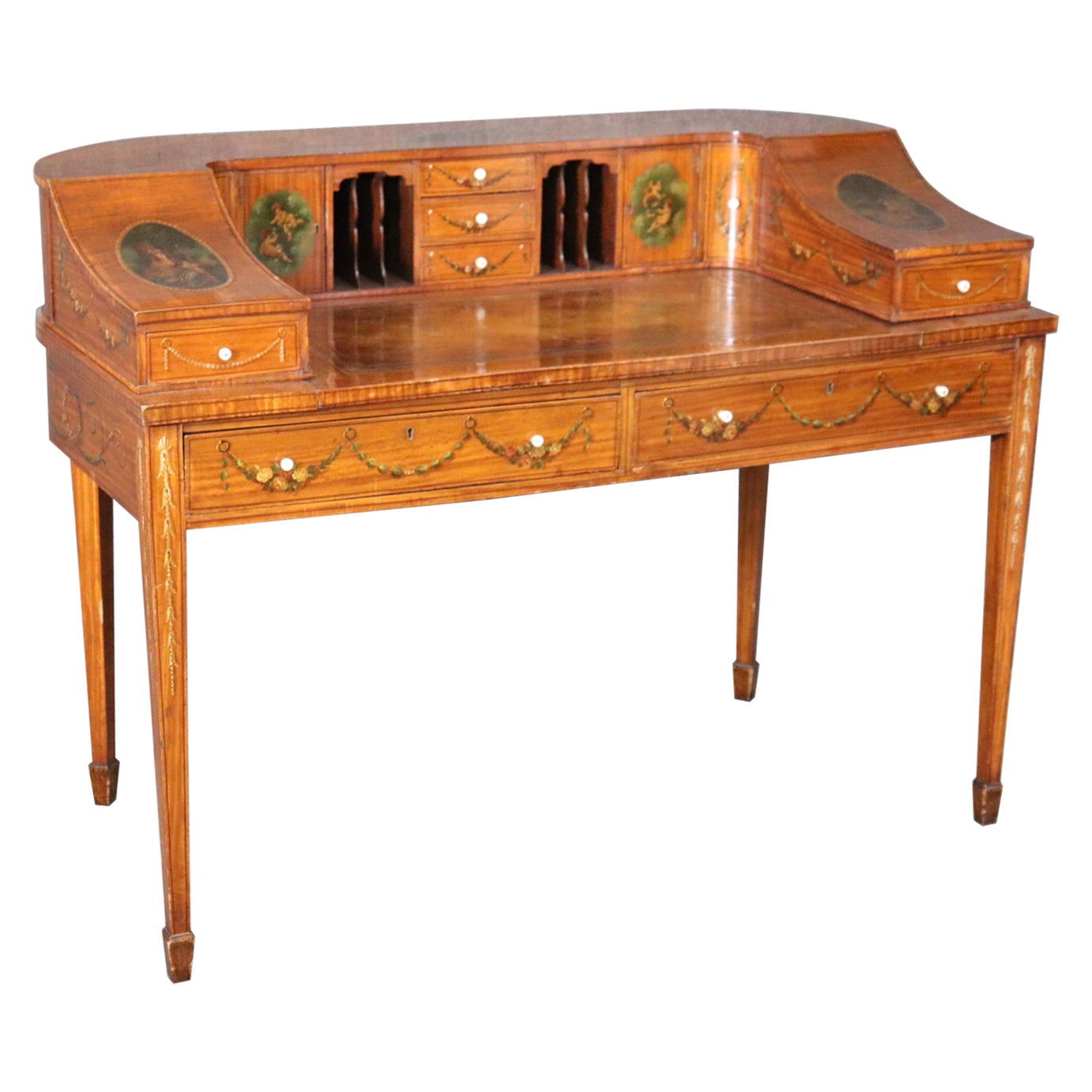 Fine Quality English Satinwood Carlton House Desk with Cherubs and Musical Theme For Sale