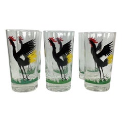 Vintage Set of 6 Crowing Rooster Highball Cocktail Glasses