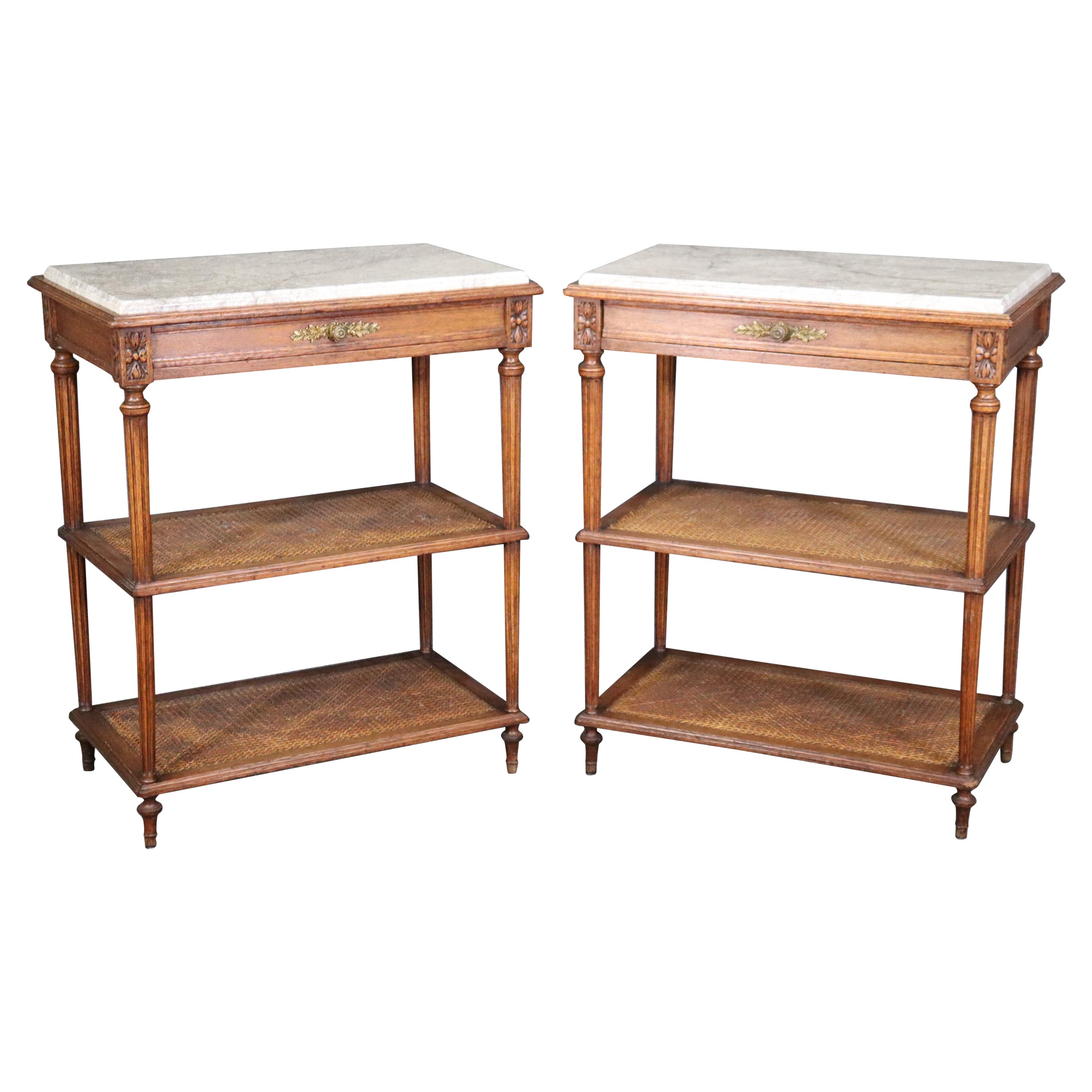 Pair of Marble Top Walnut and Cane Louis XVI End Side Tables Signed Picard For Sale