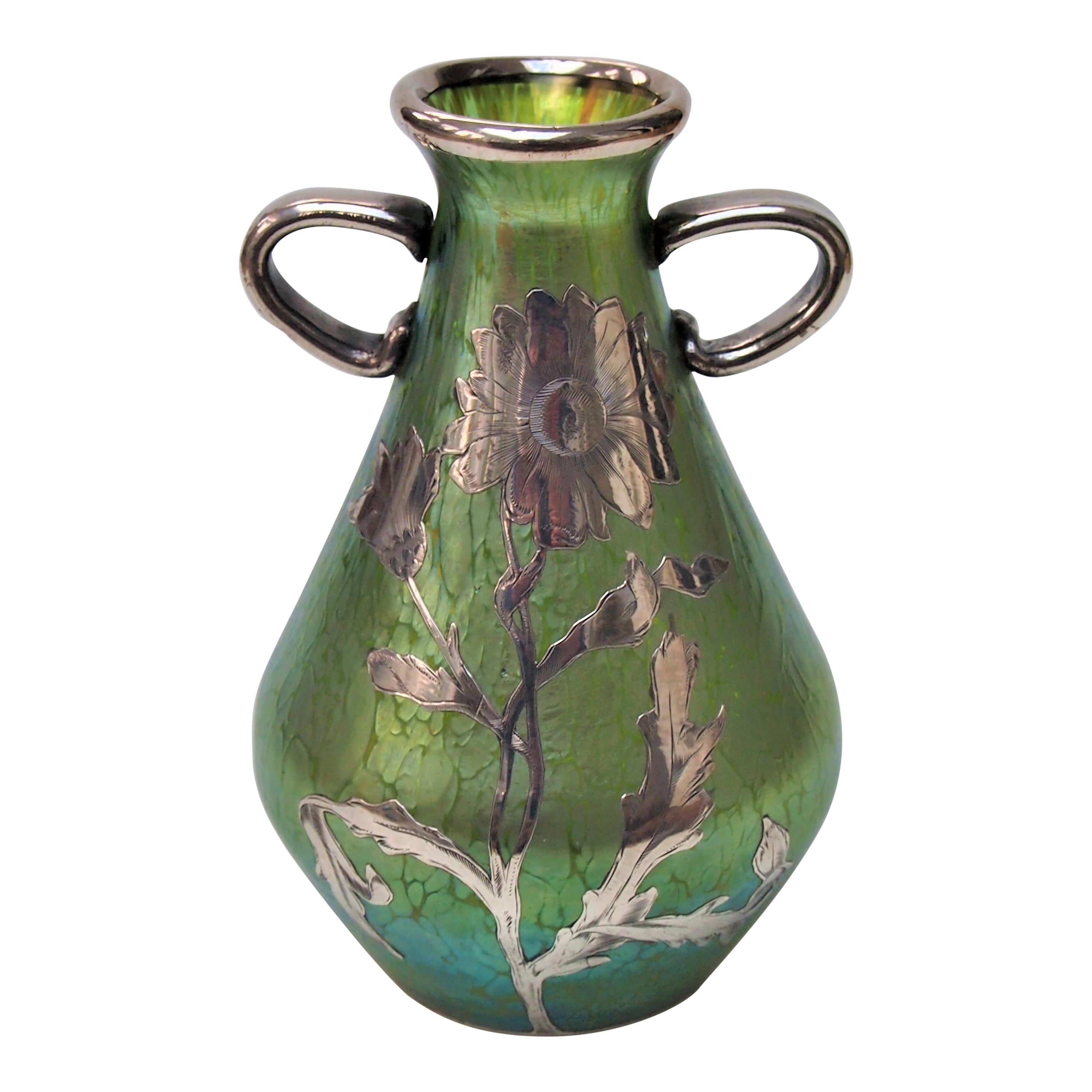 Bohemian Loetz Candia Papillon glass vase with handles and silver overlay c1898 For Sale